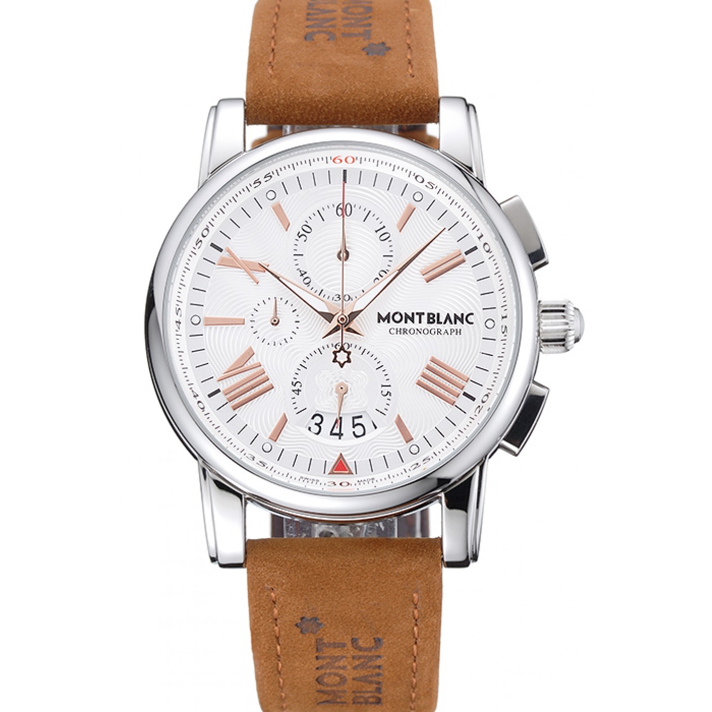 MiroTime Montblanc Chronograph White Dial Brown Suede Leather Bracelet Silver Case 1454115