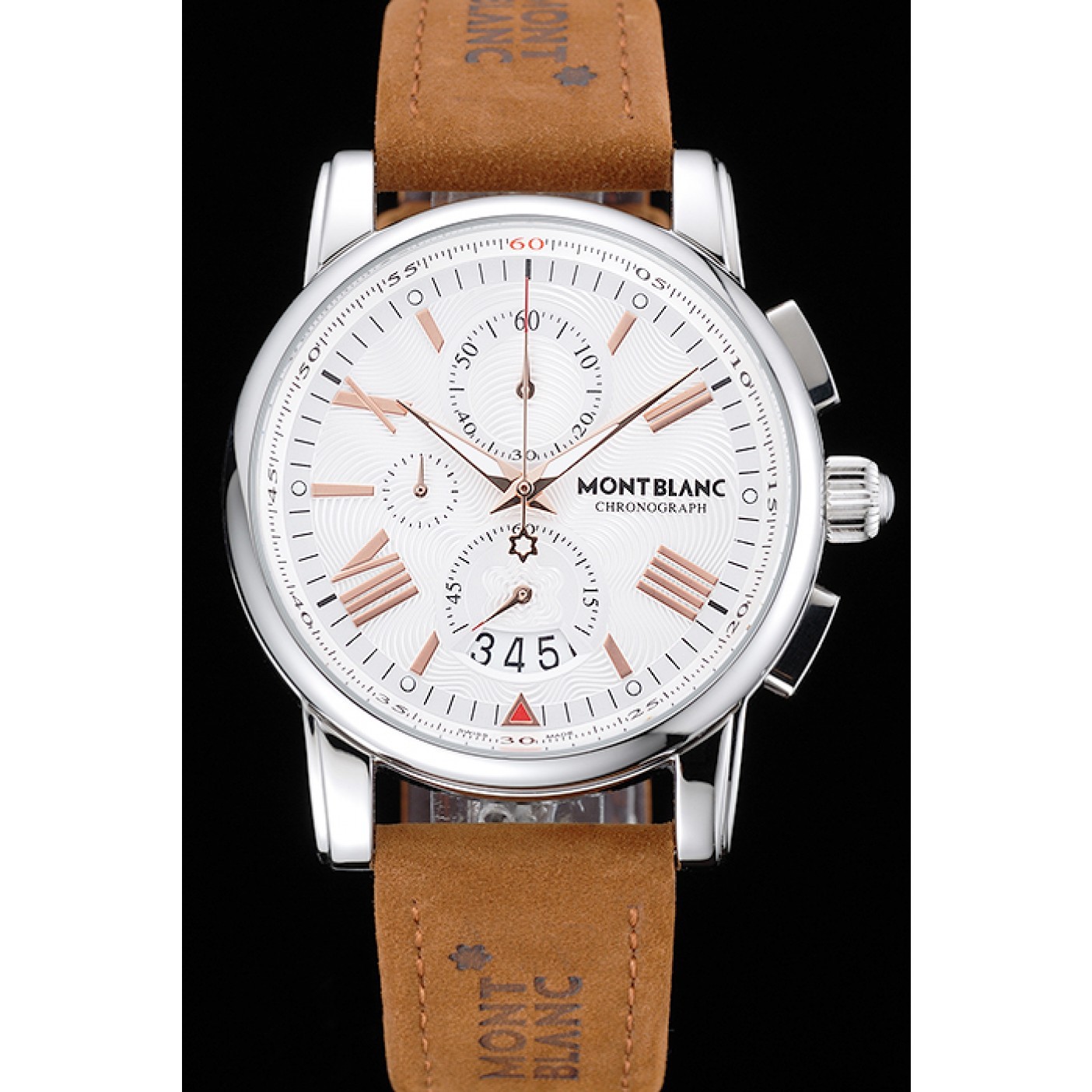 MiroTime Montblanc Chronograph White Dial Brown Suede Leather Bracelet Silver Case 1454115