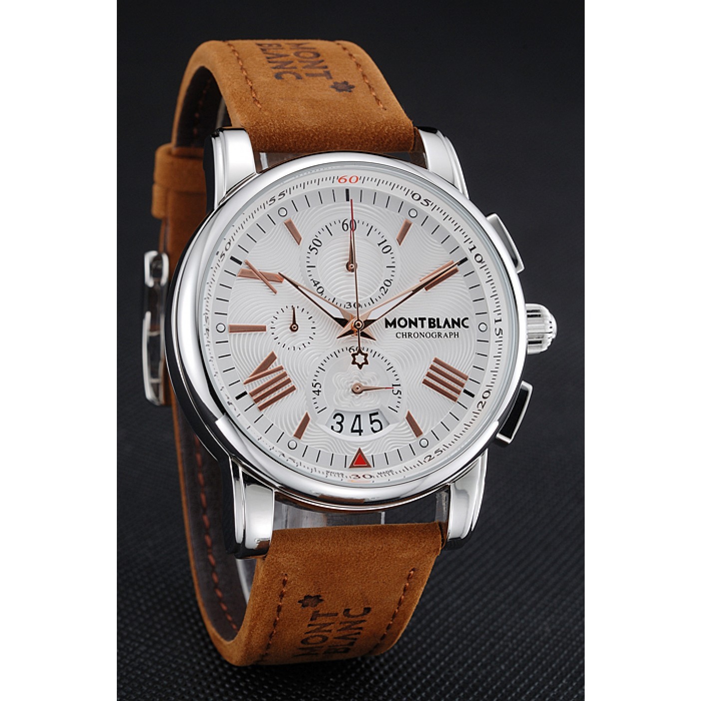 MiroTime Montblanc Chronograph White Dial Brown Suede Leather Bracelet Silver Case 1454115