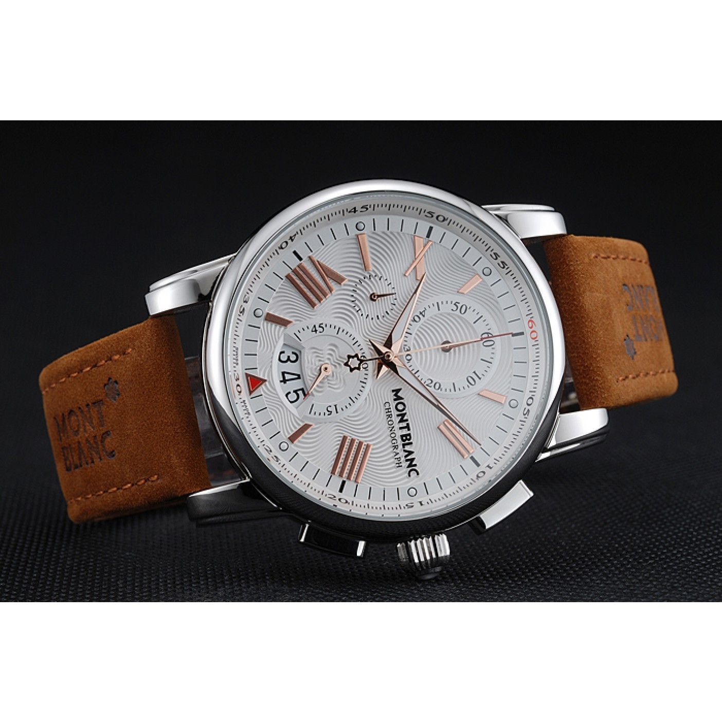 MiroTime Montblanc Chronograph White Dial Brown Suede Leather Bracelet Silver Case 1454115