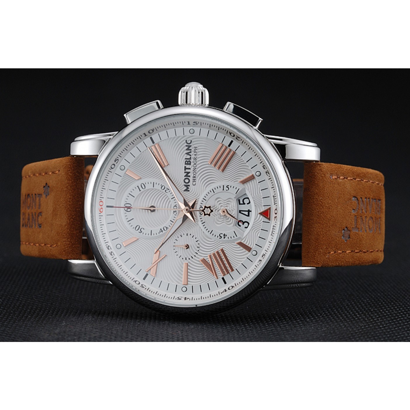MiroTime Montblanc Chronograph White Dial Brown Suede Leather Bracelet Silver Case 1454115