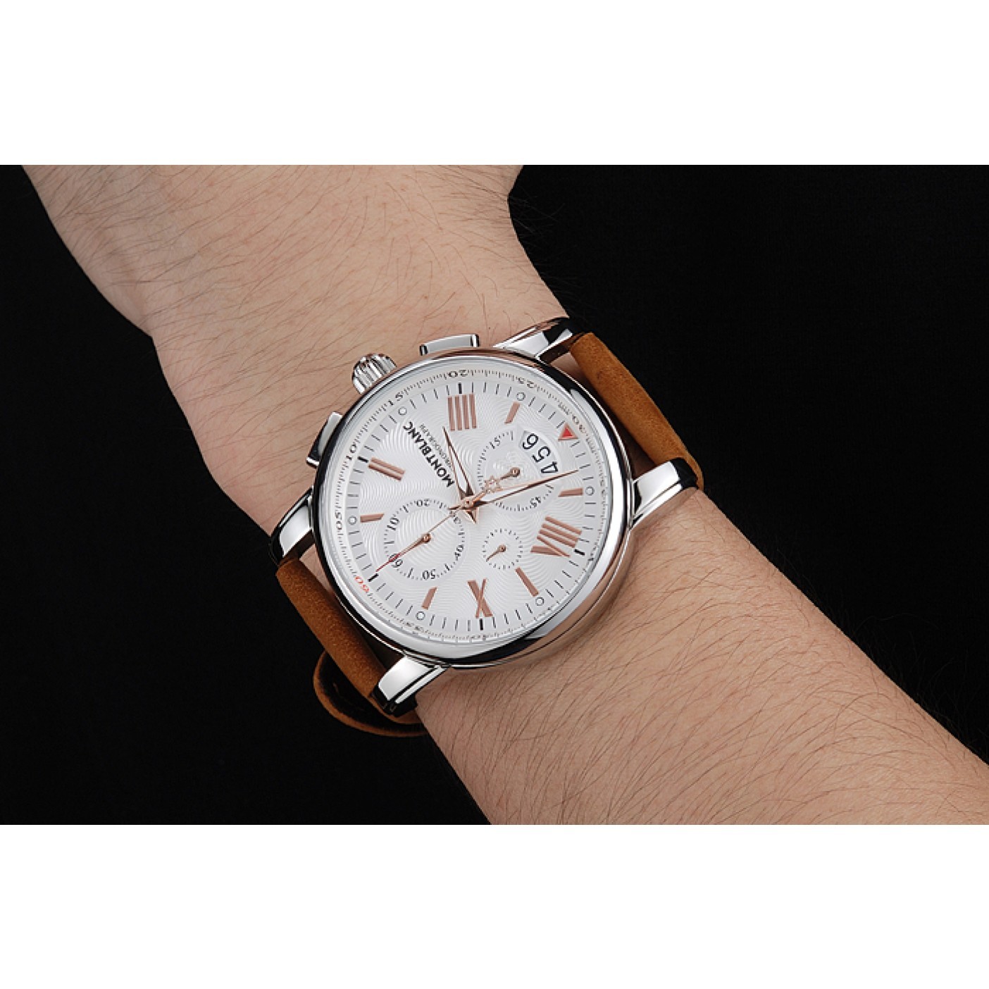 MiroTime Montblanc Chronograph White Dial Brown Suede Leather Bracelet Silver Case 1454115