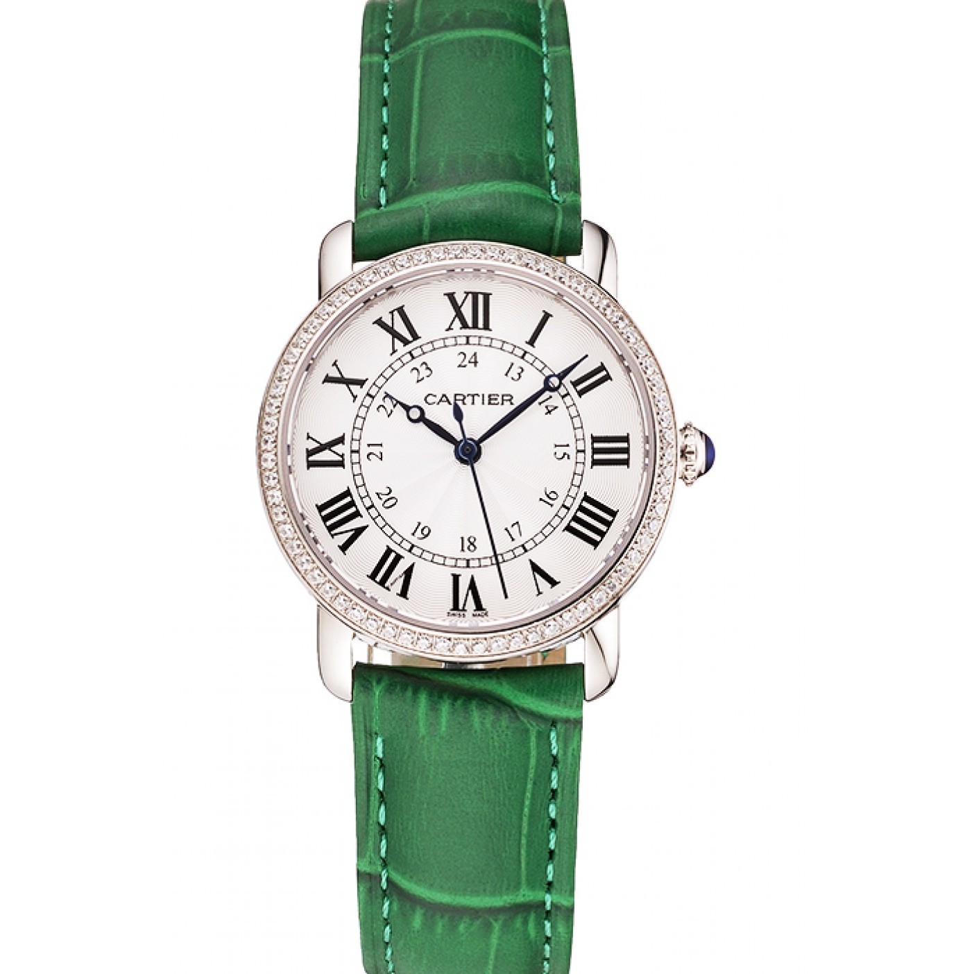 MiroTime Cartier Ronde White Dial Diamond Bezel Stainless Steel Case Green Leather Strap