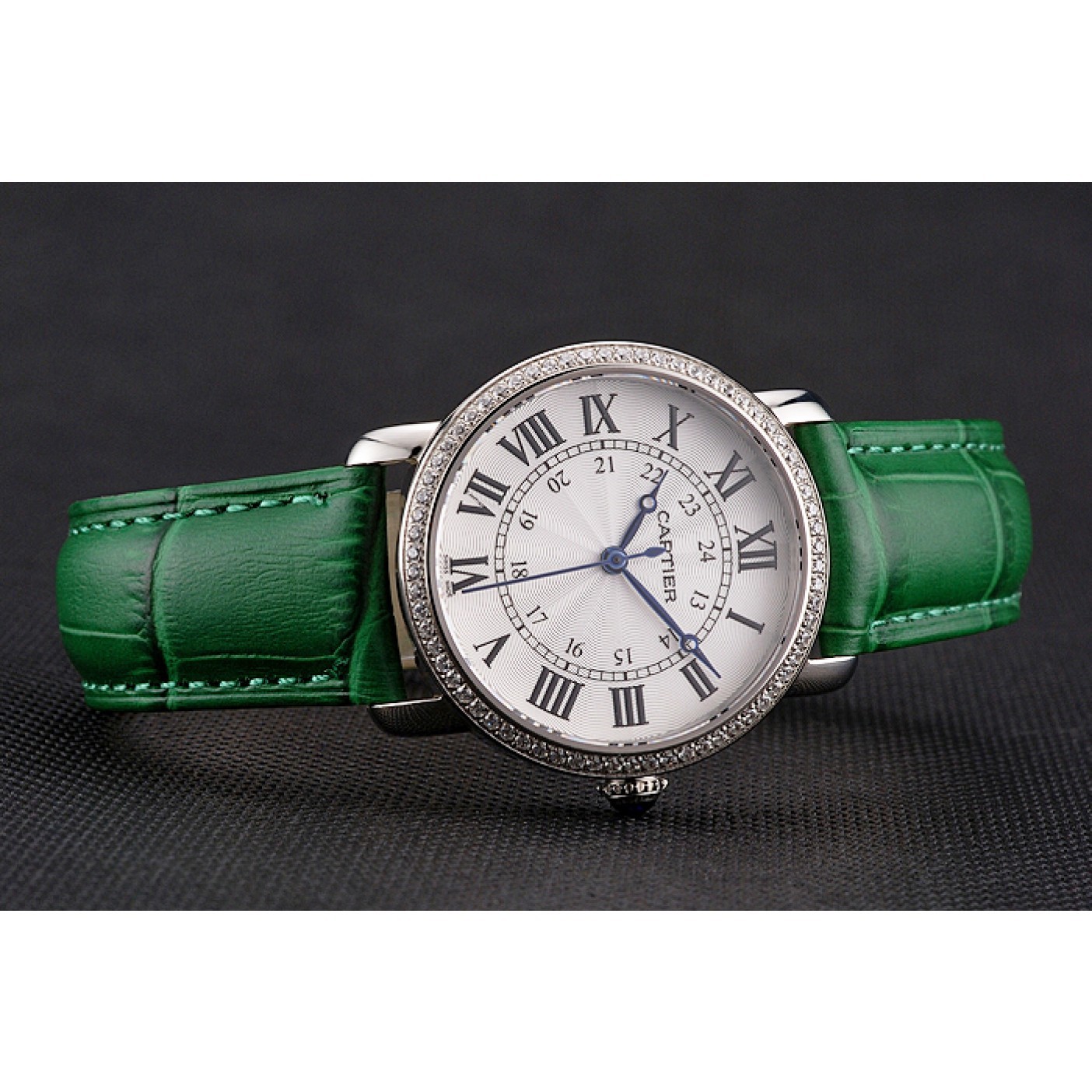 MiroTime Cartier Ronde White Dial Diamond Bezel Stainless Steel Case Green Leather Strap