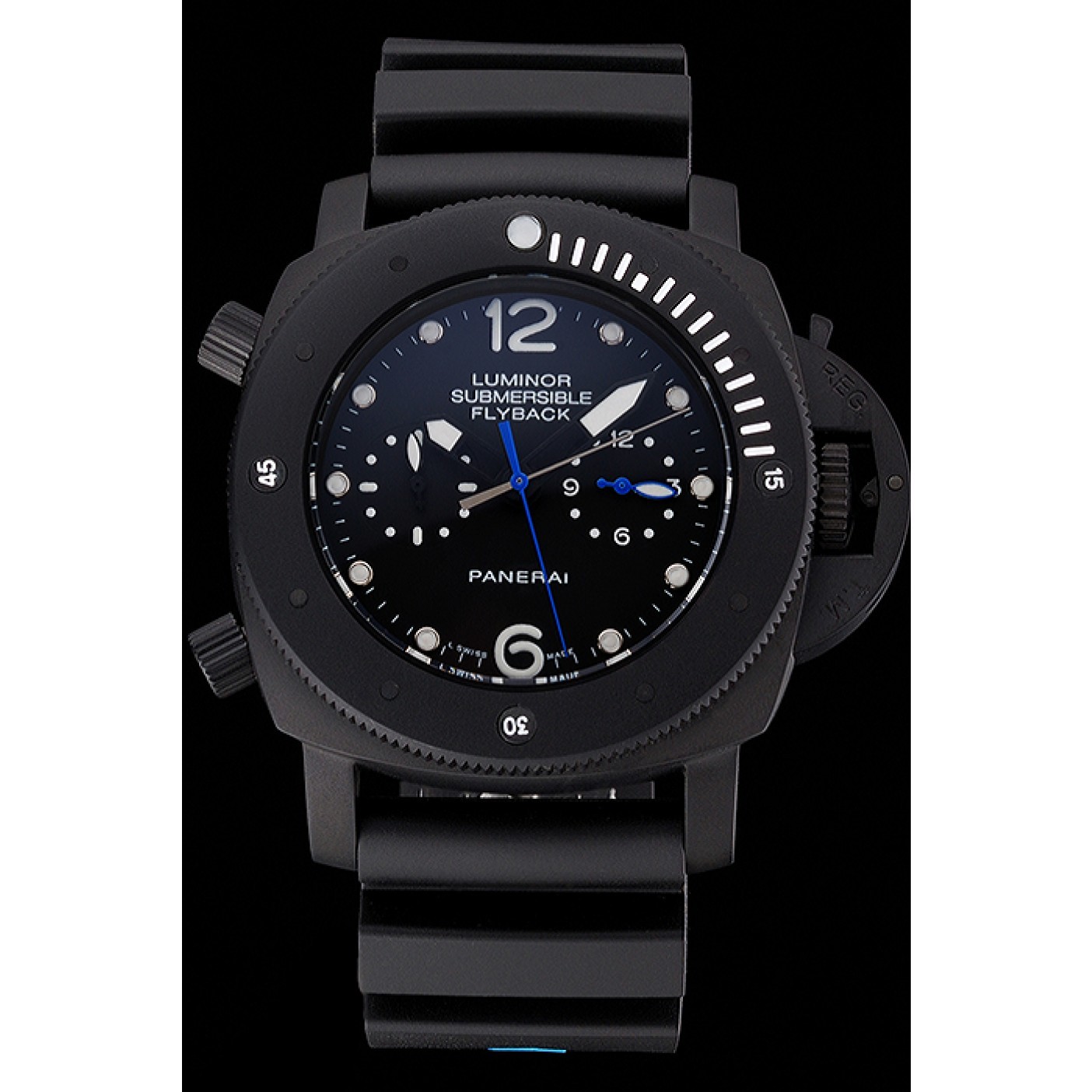 MiroTime Panerai Luminor Submersible Flyback GMT Black Dial Black Ionized Case Black Rubber Strap