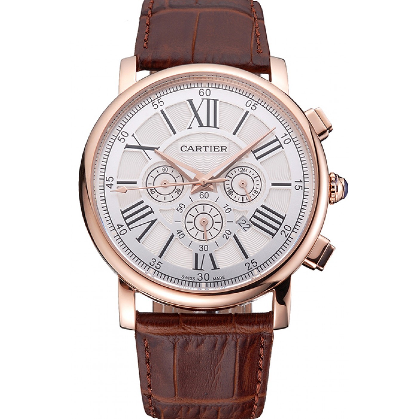 MiroTime Cartier Rotonde Chronograph White Dial Rose Gold Case Brown Leather Strap