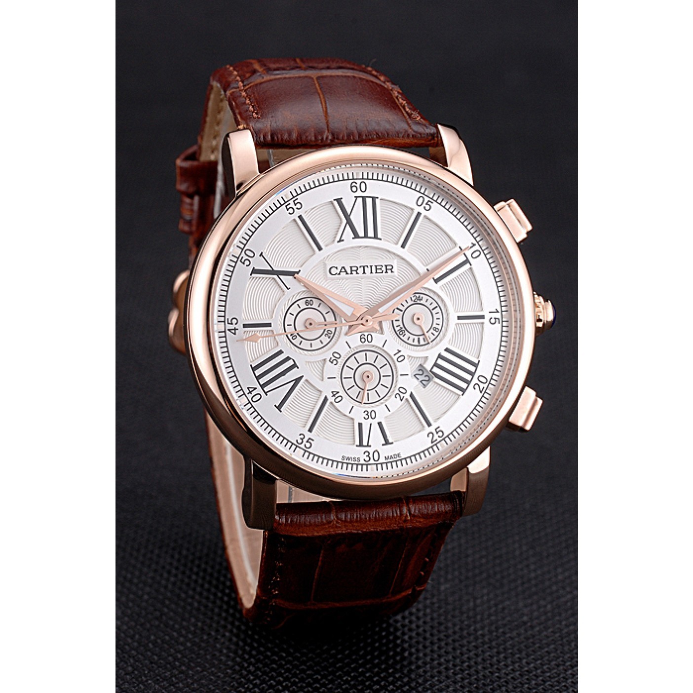 MiroTime Cartier Rotonde Chronograph White Dial Rose Gold Case Brown Leather Strap