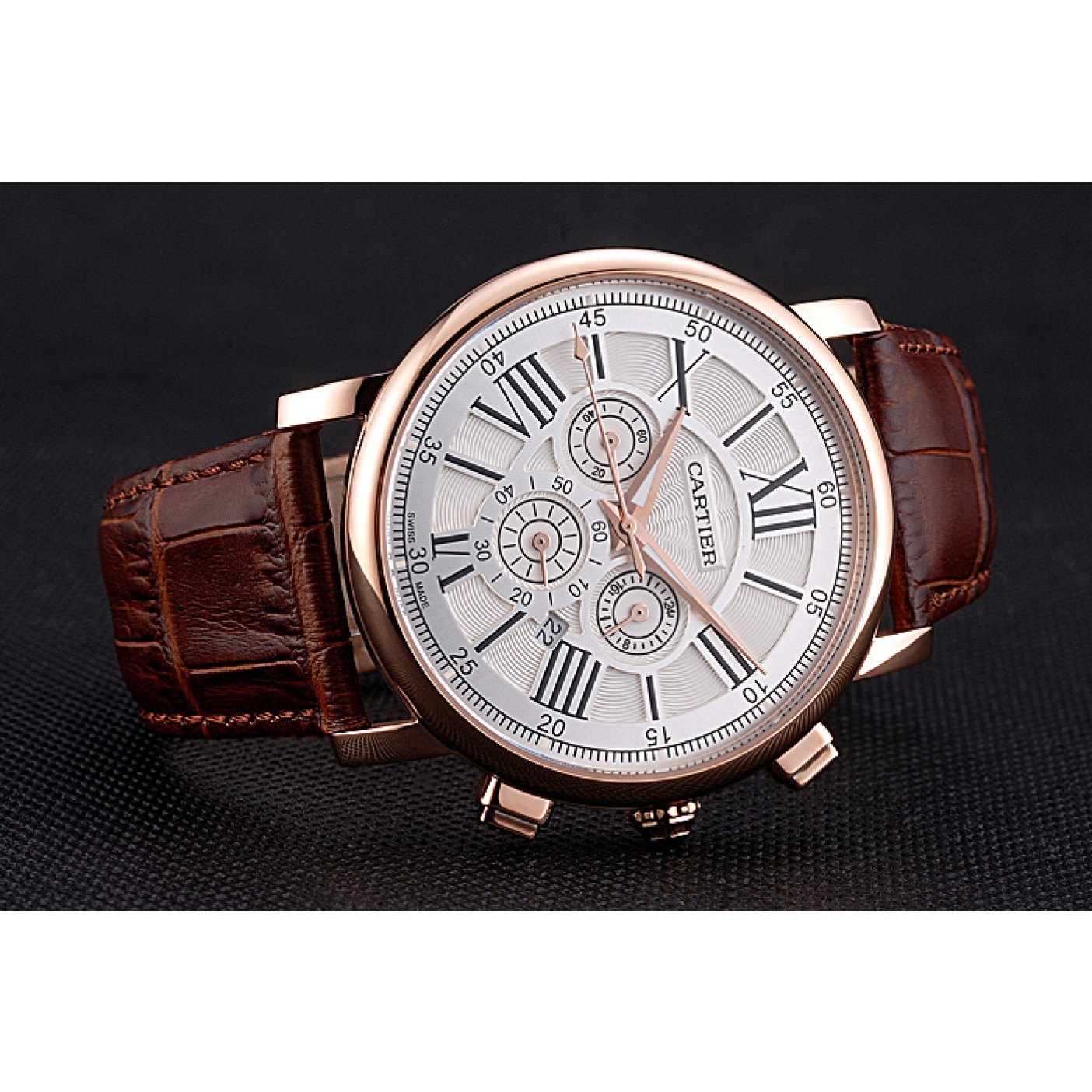 MiroTime Cartier Rotonde Chronograph White Dial Rose Gold Case Brown Leather Strap