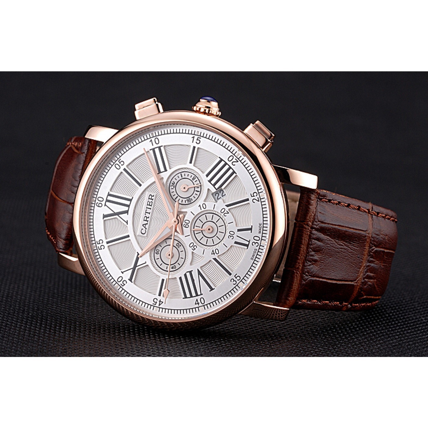 MiroTime Cartier Rotonde Chronograph White Dial Rose Gold Case Brown Leather Strap