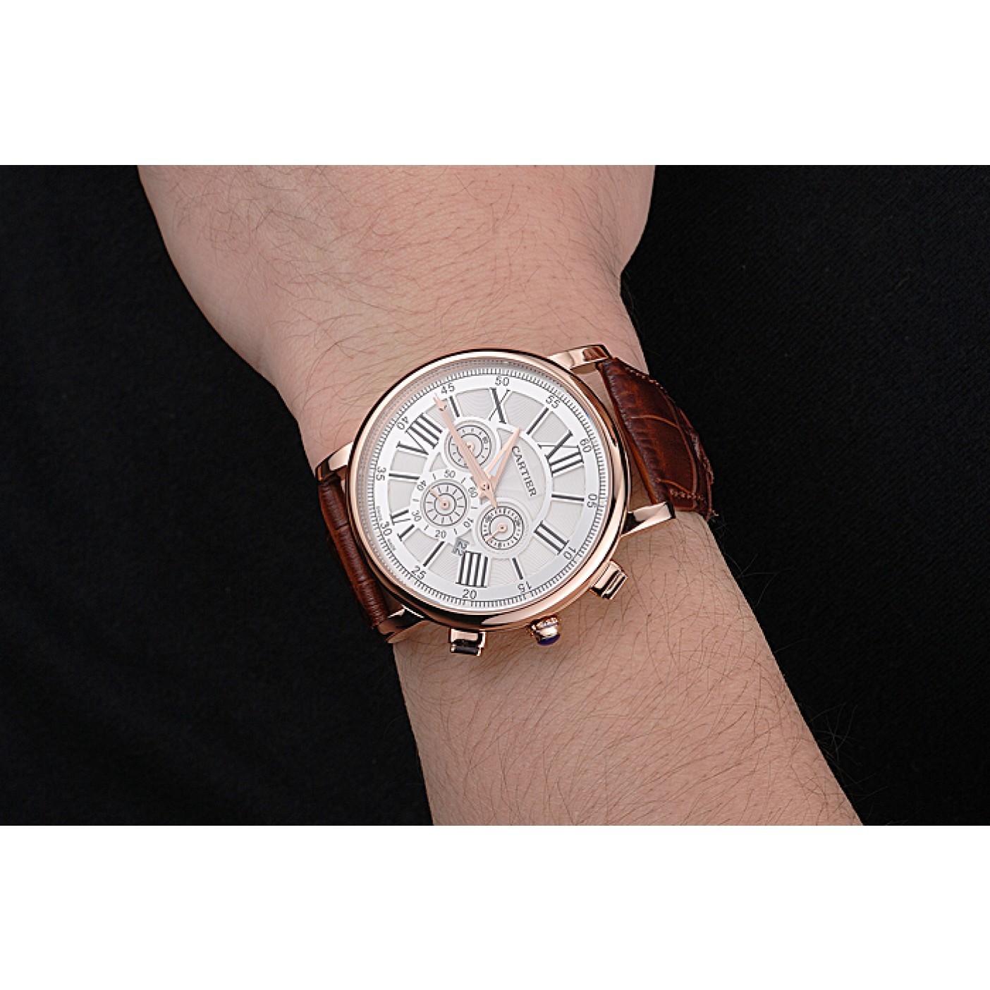 MiroTime Cartier Rotonde Chronograph White Dial Rose Gold Case Brown Leather Strap