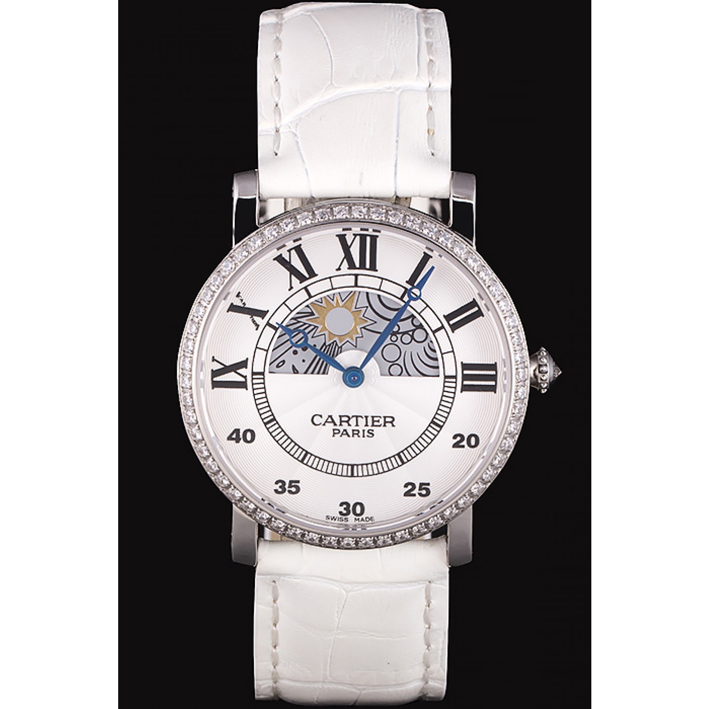 MiroTime Cartier Moonphase Silver Watch with White Leather Band ct257 621376