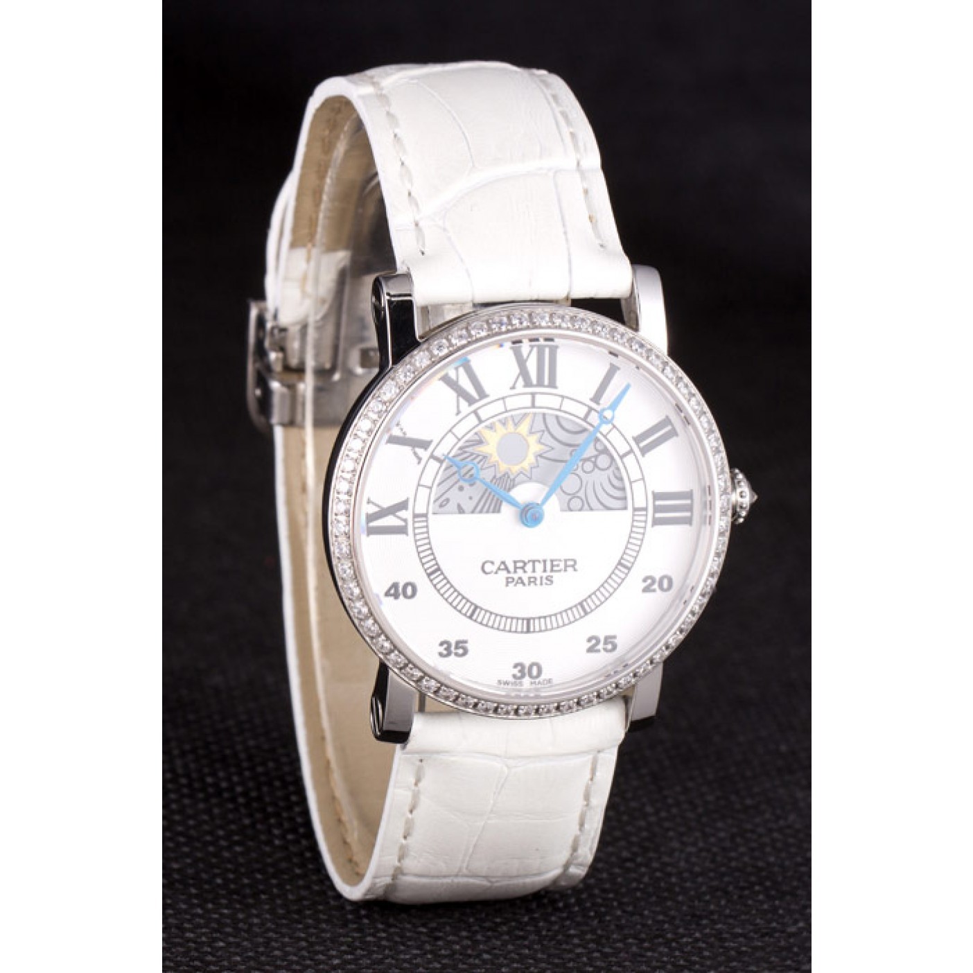 MiroTime Cartier Moonphase Silver Watch with White Leather Band ct257 621376