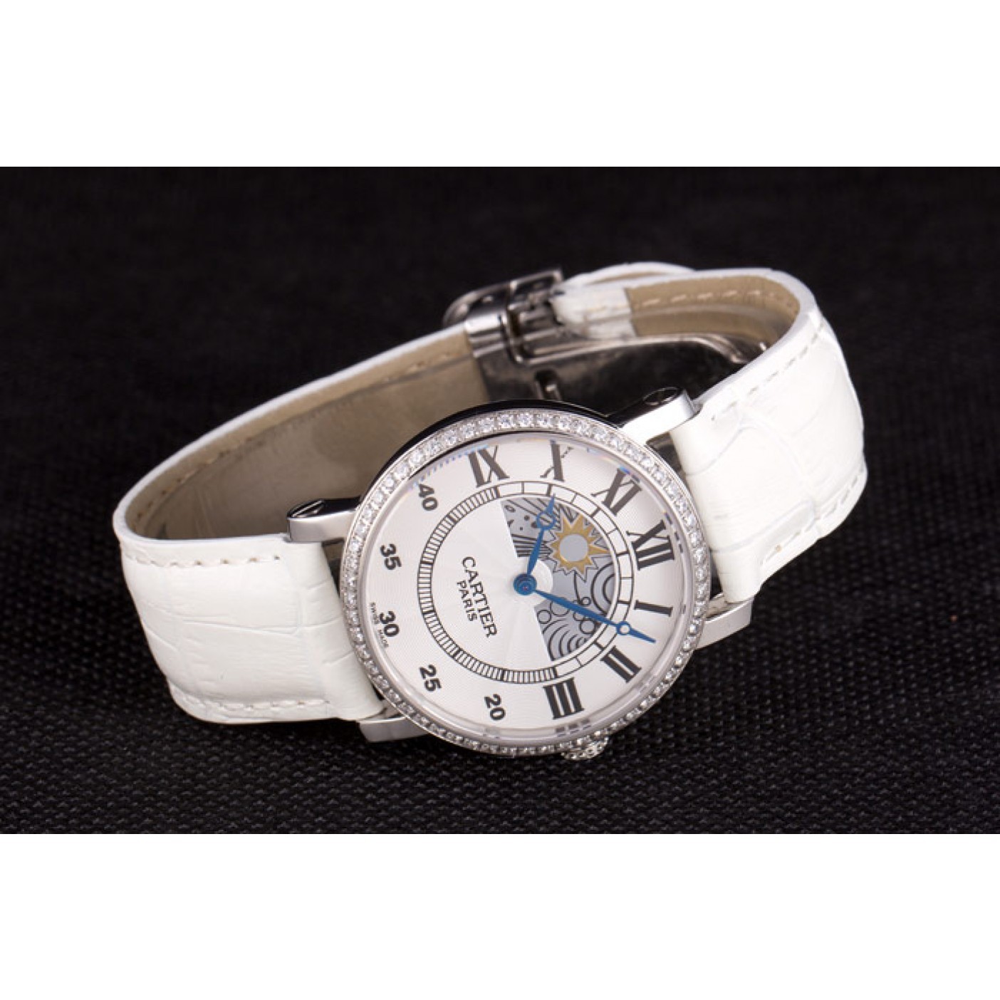 MiroTime Cartier Moonphase Silver Watch with White Leather Band ct257 621376