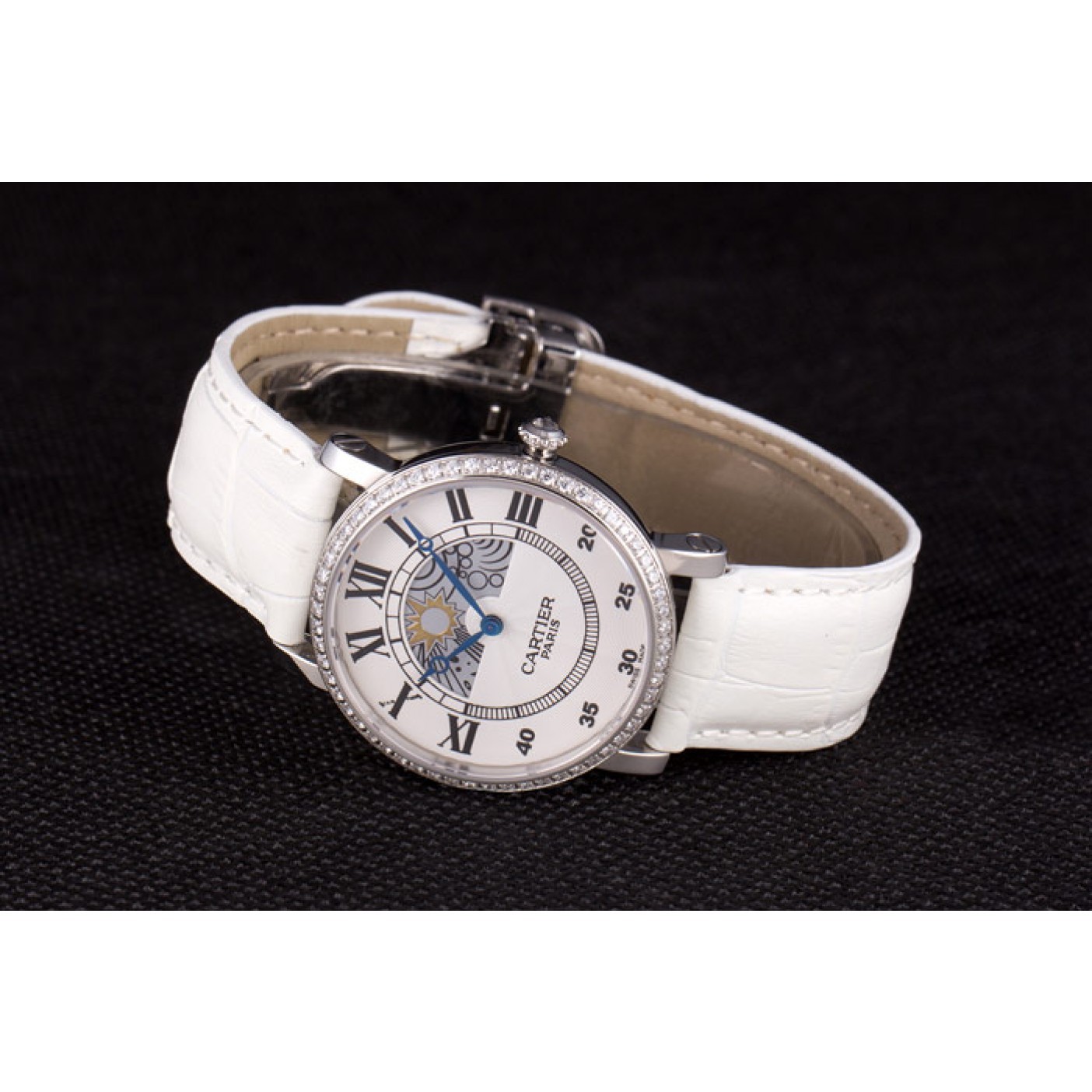 MiroTime Cartier Moonphase Silver Watch with White Leather Band ct257 621376