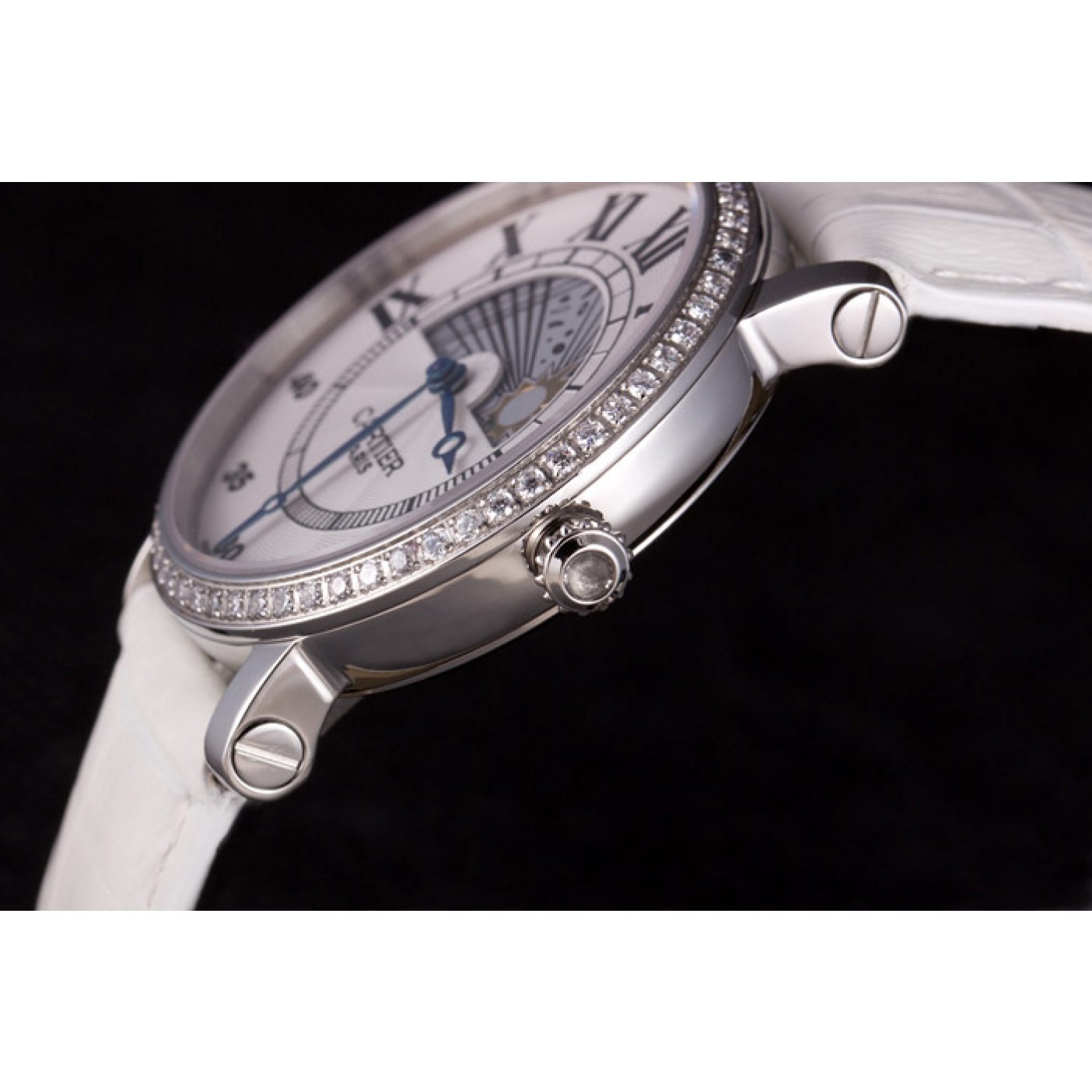 MiroTime Cartier Moonphase Silver Watch with White Leather Band ct257 621376