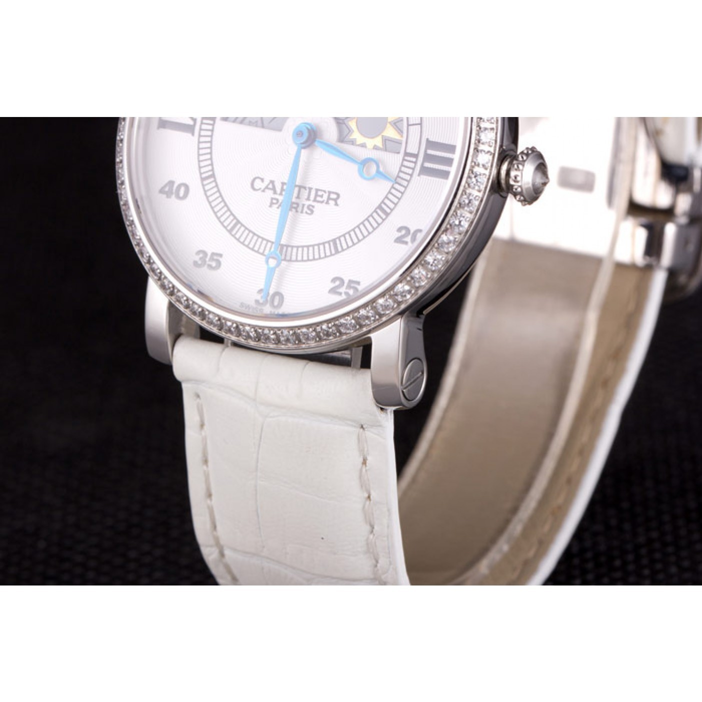 MiroTime Cartier Moonphase Silver Watch with White Leather Band ct257 621376