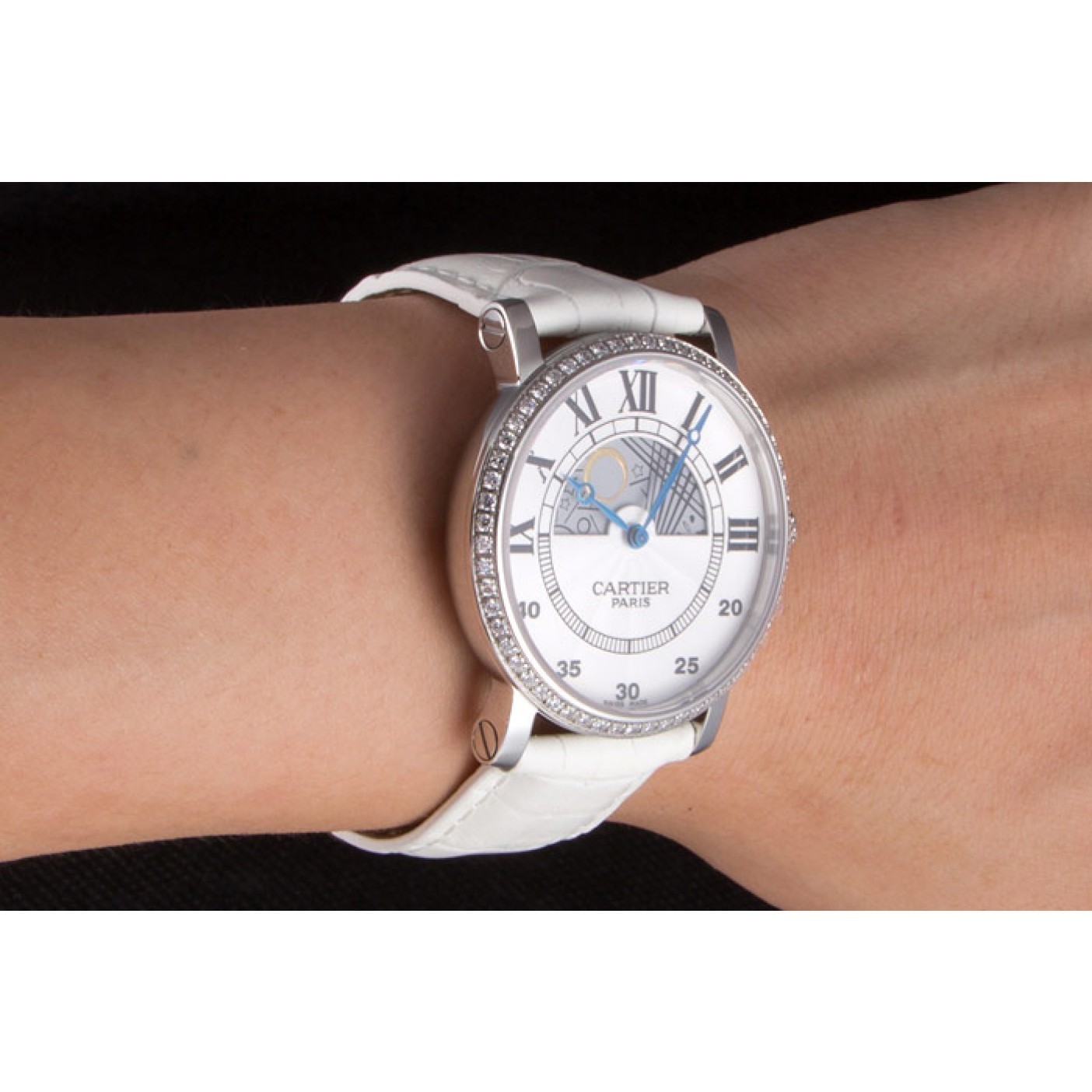 MiroTime Cartier Moonphase Silver Watch with White Leather Band ct257 621376