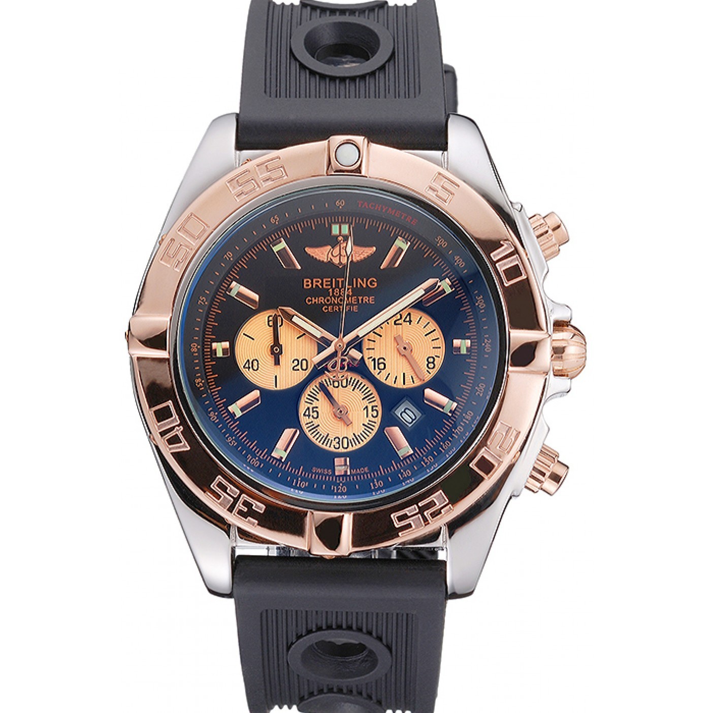 MiroTime Breitling Chronomat Black Dial Rose Gold Bezel And Subdials Stainless Steel Case Black Rubber Strap