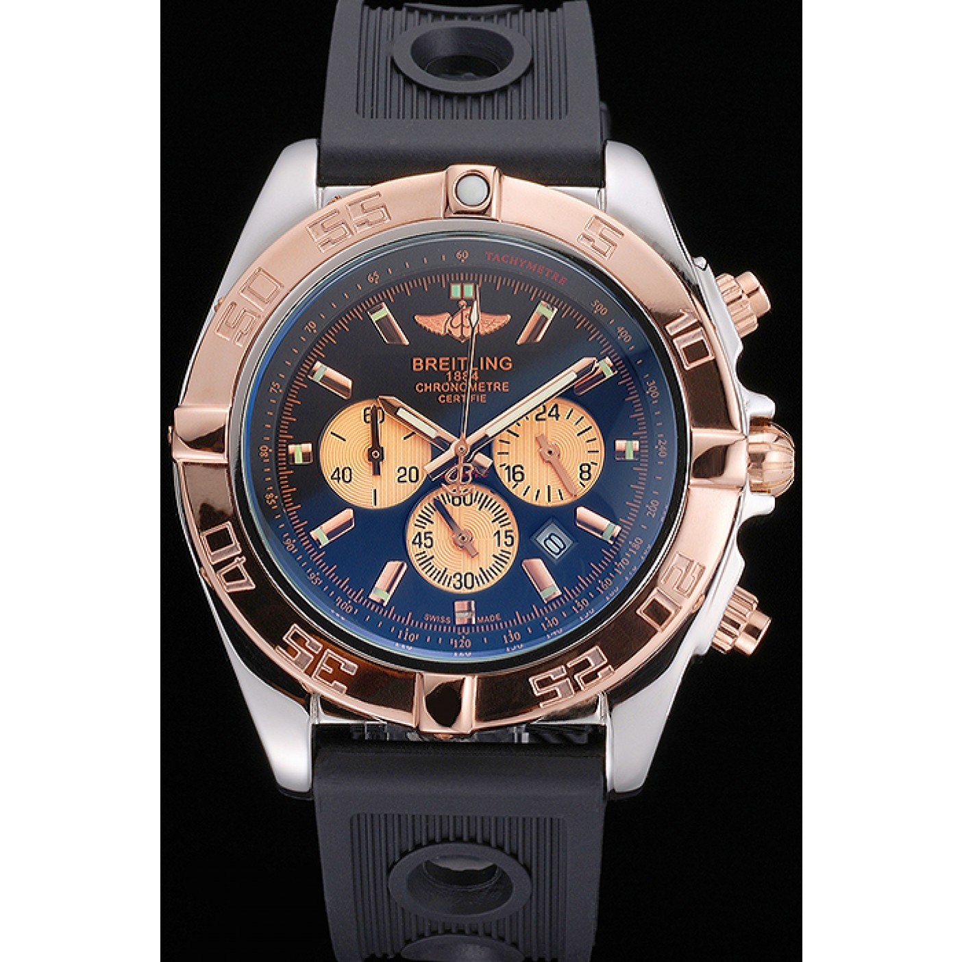 MiroTime Breitling Chronomat Black Dial Rose Gold Bezel And Subdials Stainless Steel Case Black Rubber Strap