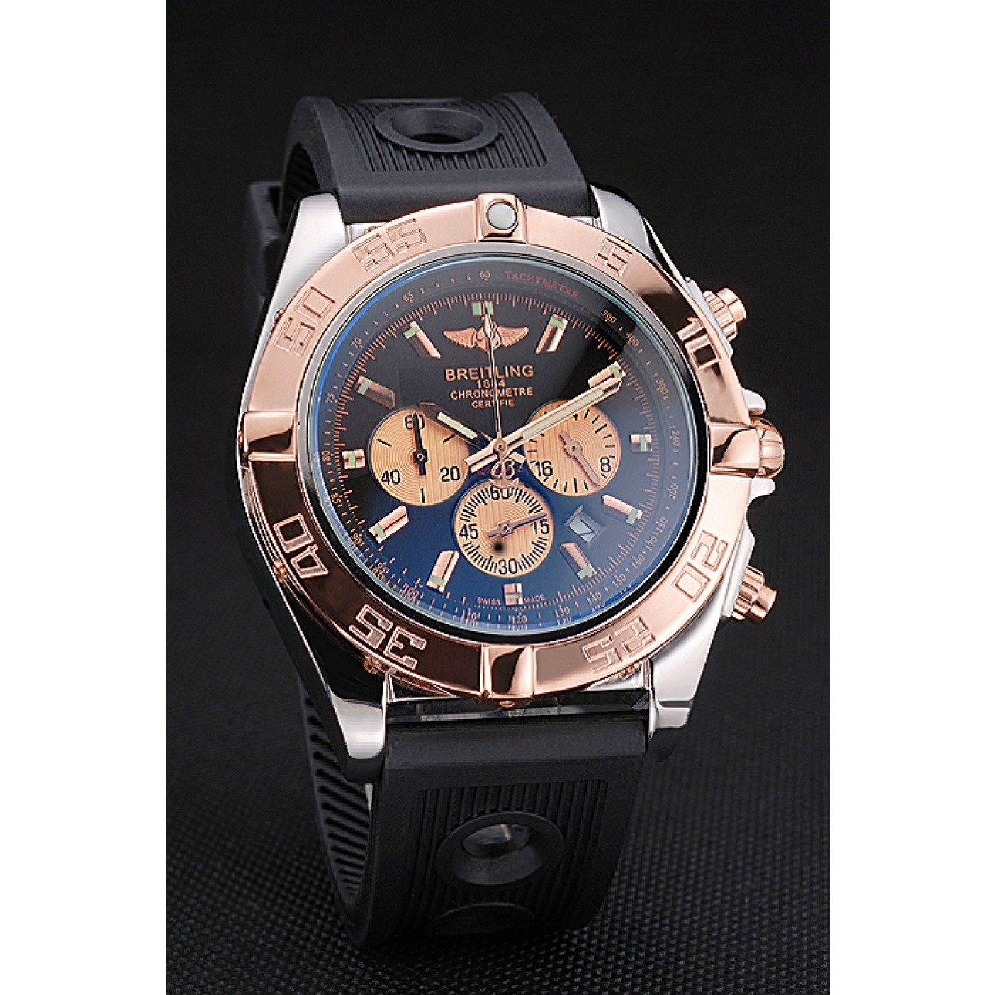 MiroTime Breitling Chronomat Black Dial Rose Gold Bezel And Subdials Stainless Steel Case Black Rubber Strap