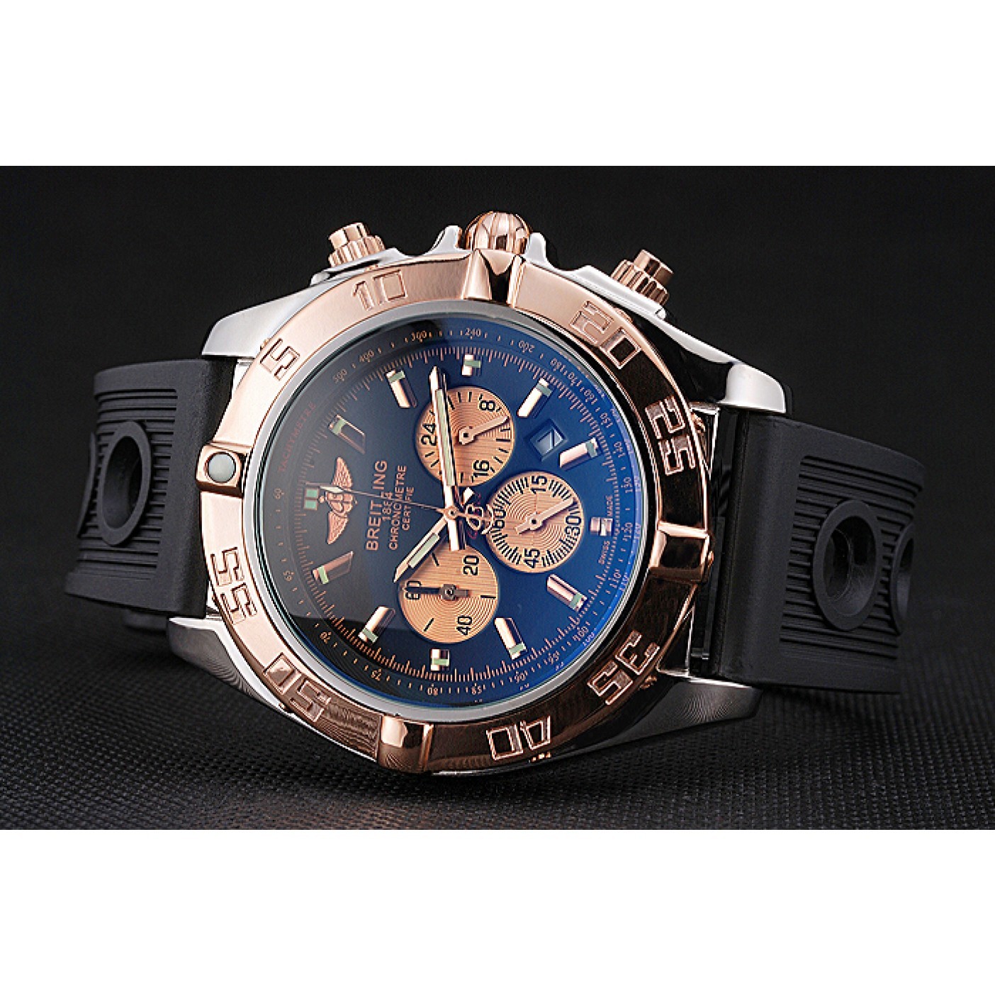MiroTime Breitling Chronomat Black Dial Rose Gold Bezel And Subdials Stainless Steel Case Black Rubber Strap