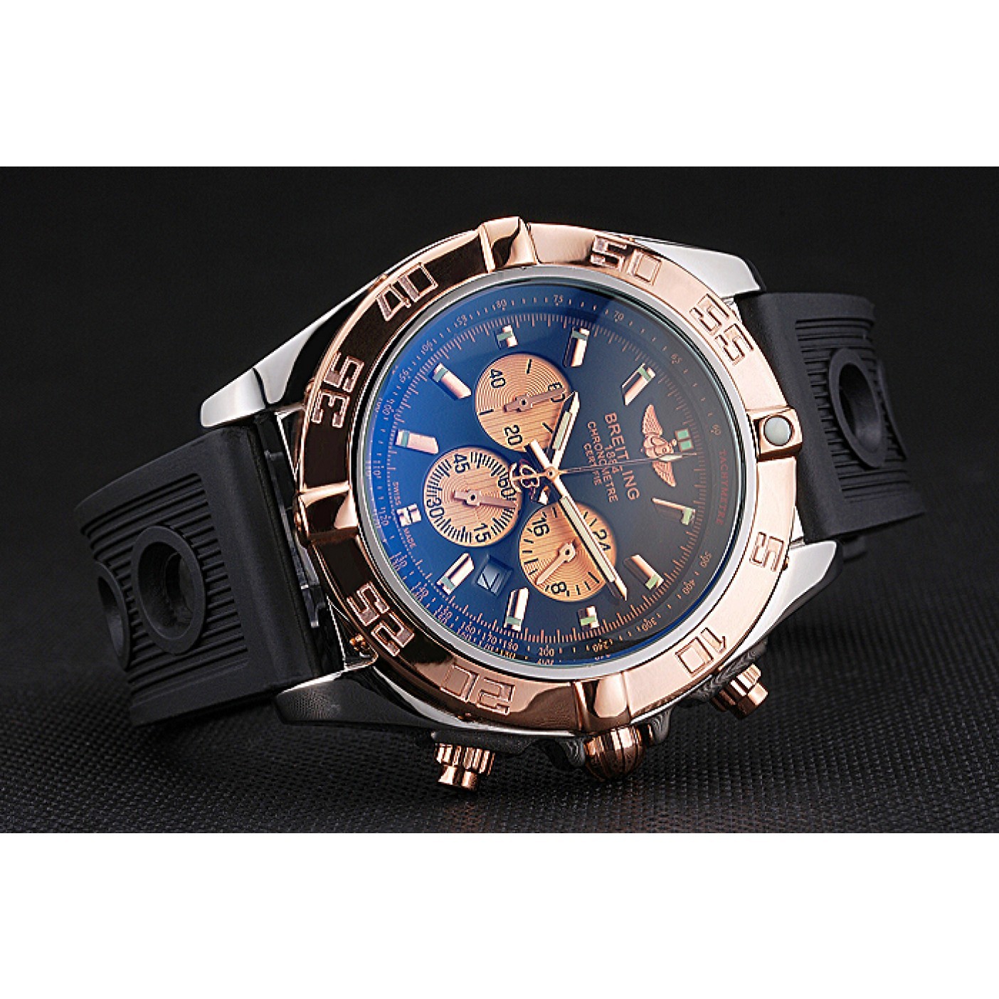 MiroTime Breitling Chronomat Black Dial Rose Gold Bezel And Subdials Stainless Steel Case Black Rubber Strap