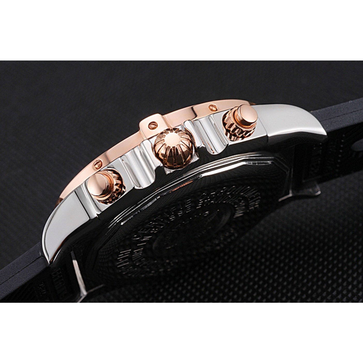 MiroTime Breitling Chronomat Black Dial Rose Gold Bezel And Subdials Stainless Steel Case Black Rubber Strap