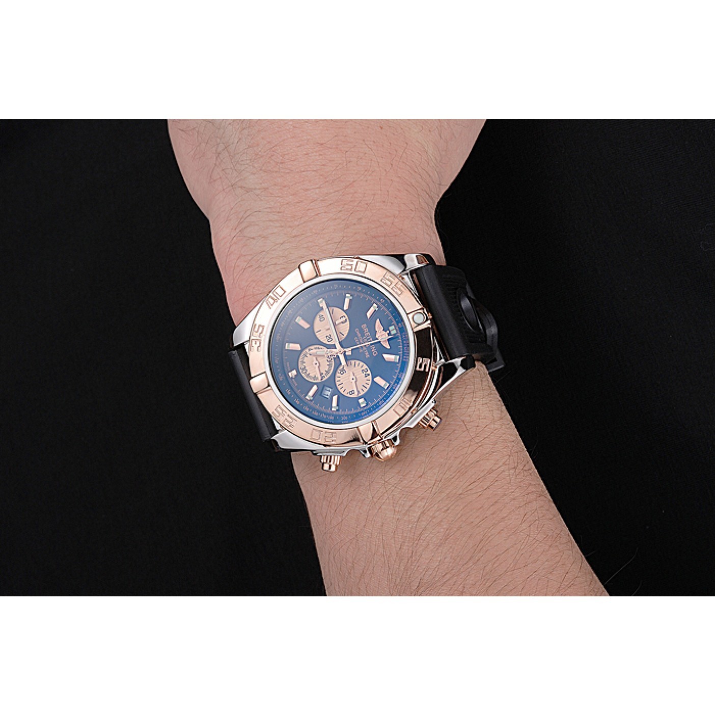 MiroTime Breitling Chronomat Black Dial Rose Gold Bezel And Subdials Stainless Steel Case Black Rubber Strap