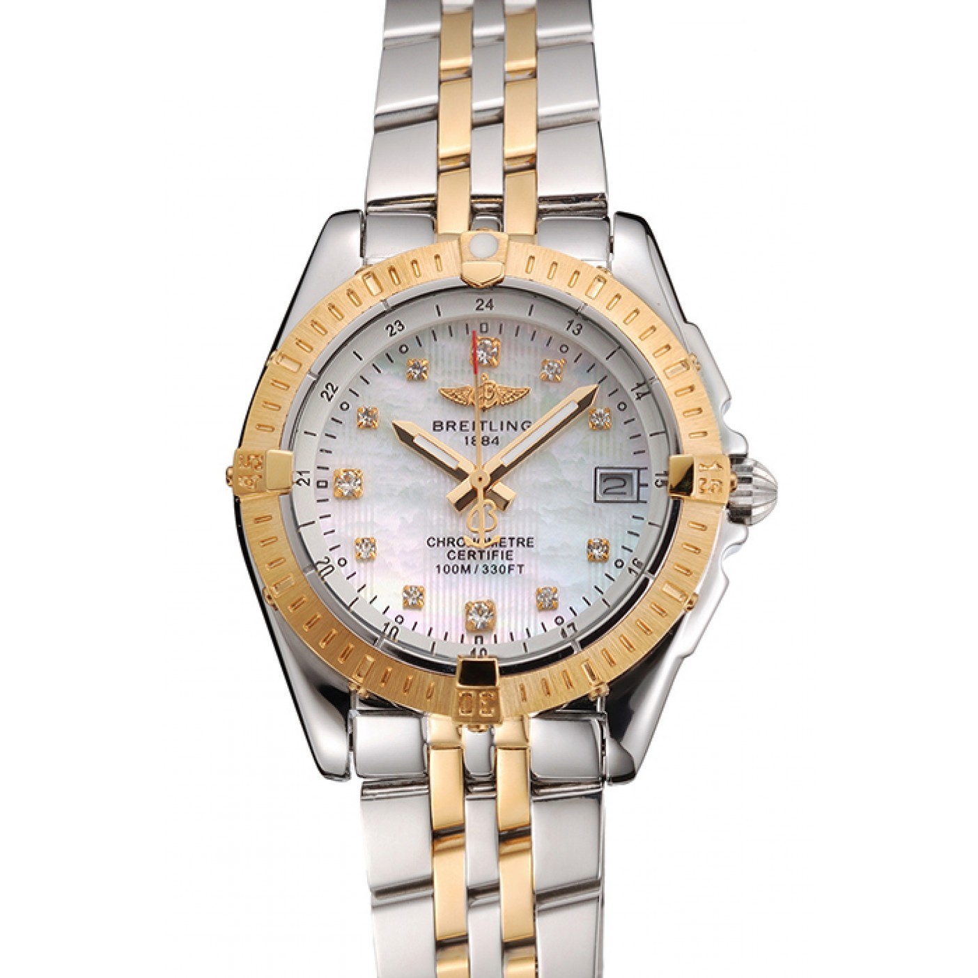 MiroTime Breitling Colt Lady Pearl Dial Diamond Hour Marks Gold Bezel Stainless Steel Case Two Tone Bracelet