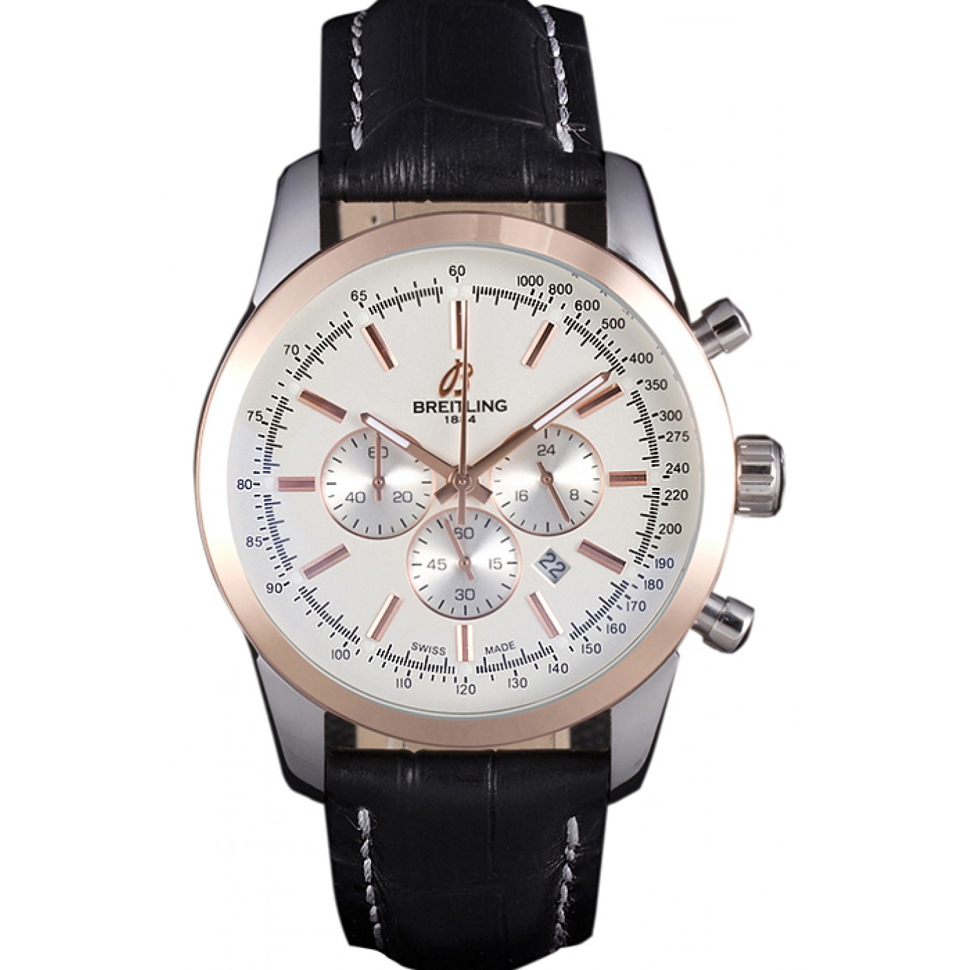 MiroTime Breitling Transocean White Dial Black Leather Strap Rose Gold Bezel 98205