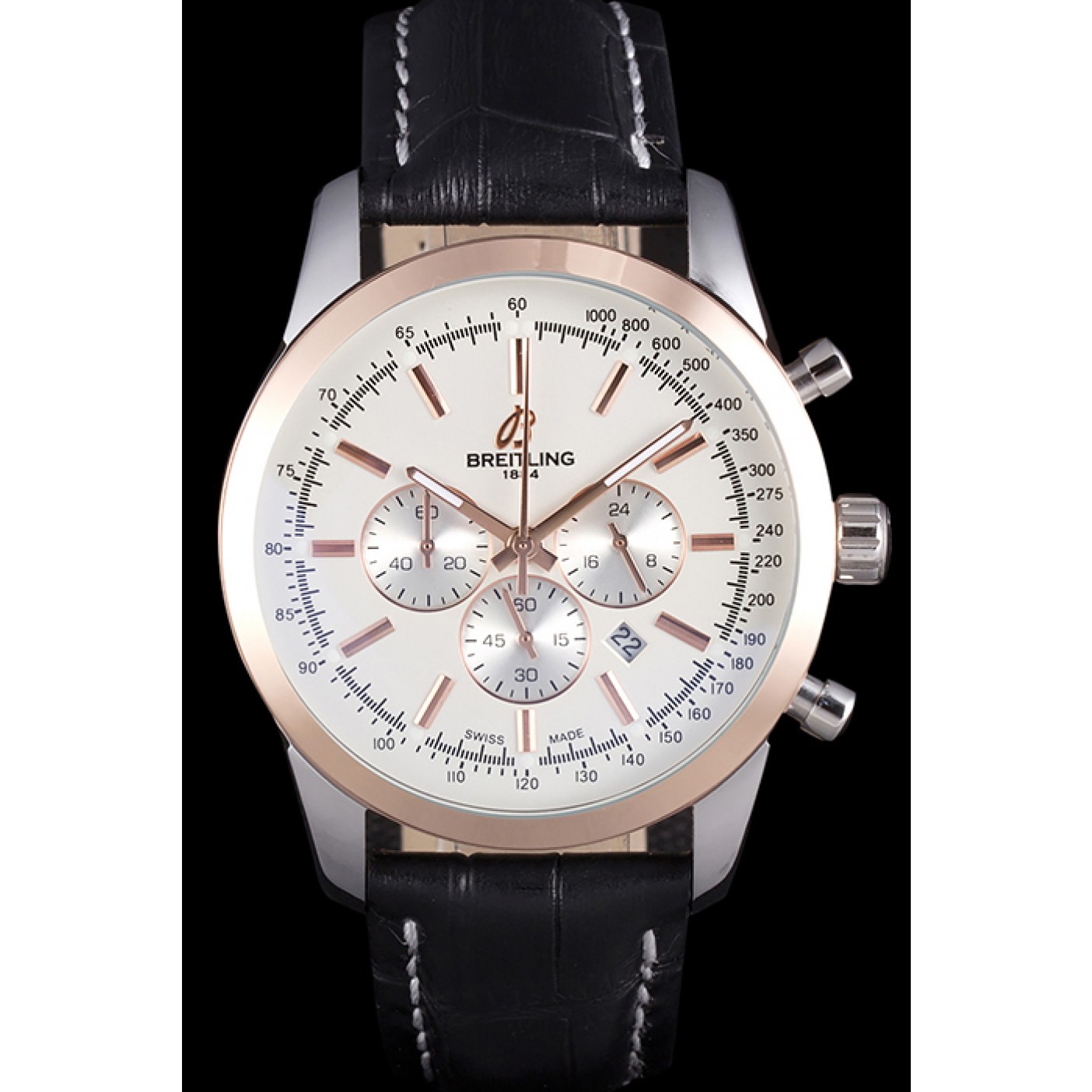 MiroTime Breitling Transocean White Dial Black Leather Strap Rose Gold Bezel 98205