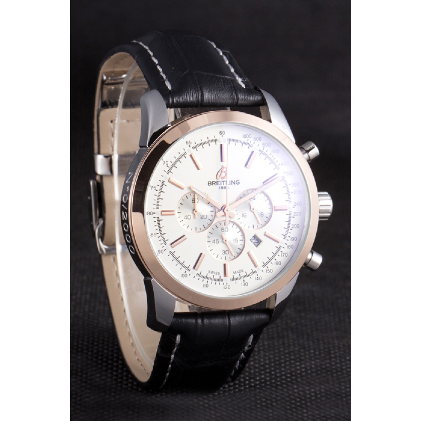 MiroTime Breitling Transocean White Dial Black Leather Strap Rose Gold Bezel 98205