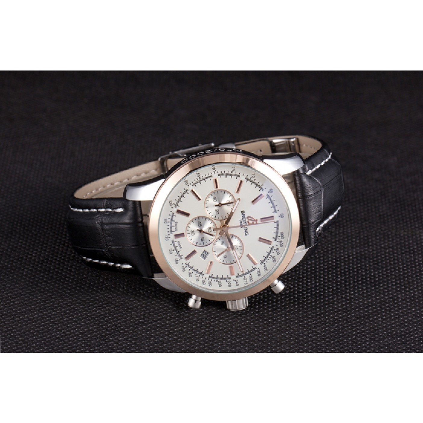 MiroTime Breitling Transocean White Dial Black Leather Strap Rose Gold Bezel 98205