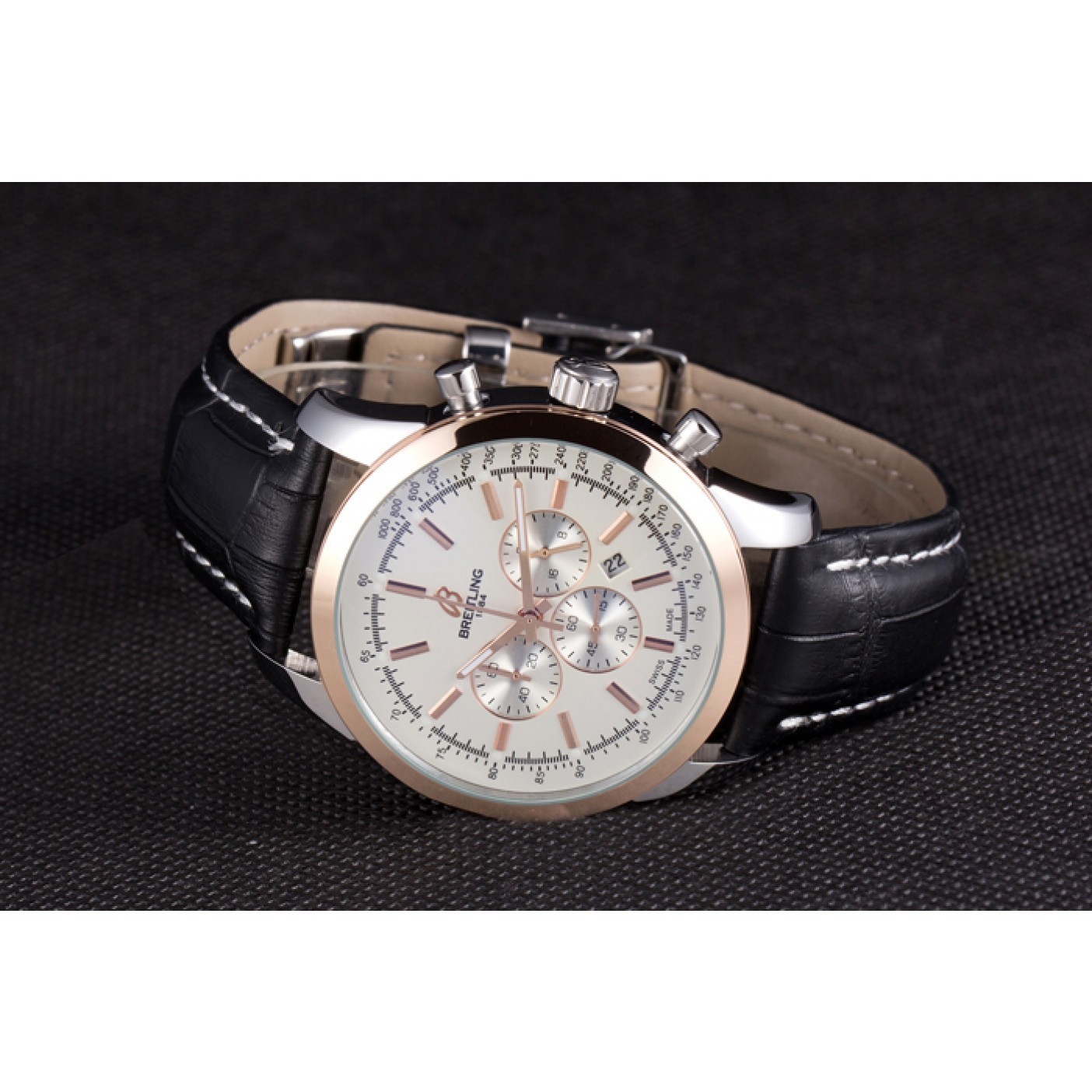 MiroTime Breitling Transocean White Dial Black Leather Strap Rose Gold Bezel 98205