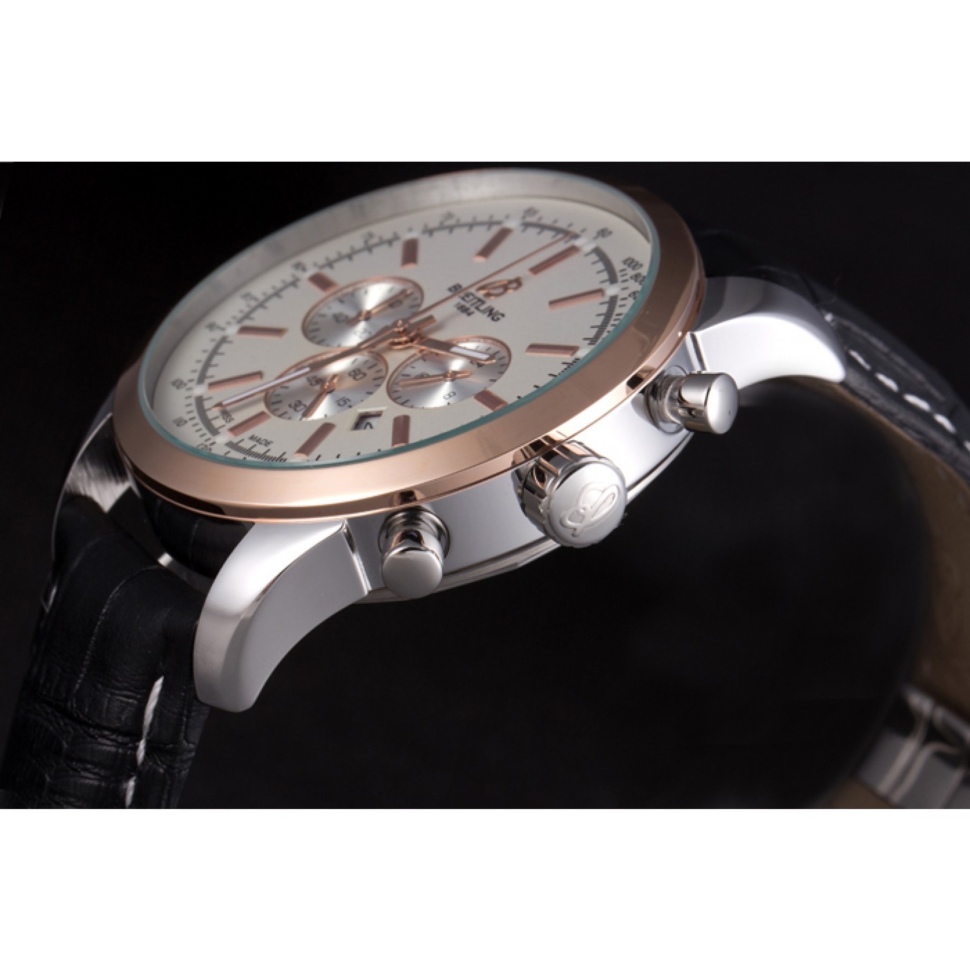 MiroTime Breitling Transocean White Dial Black Leather Strap Rose Gold Bezel 98205