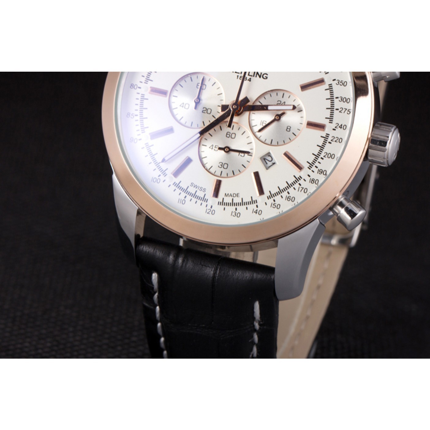 MiroTime Breitling Transocean White Dial Black Leather Strap Rose Gold Bezel 98205
