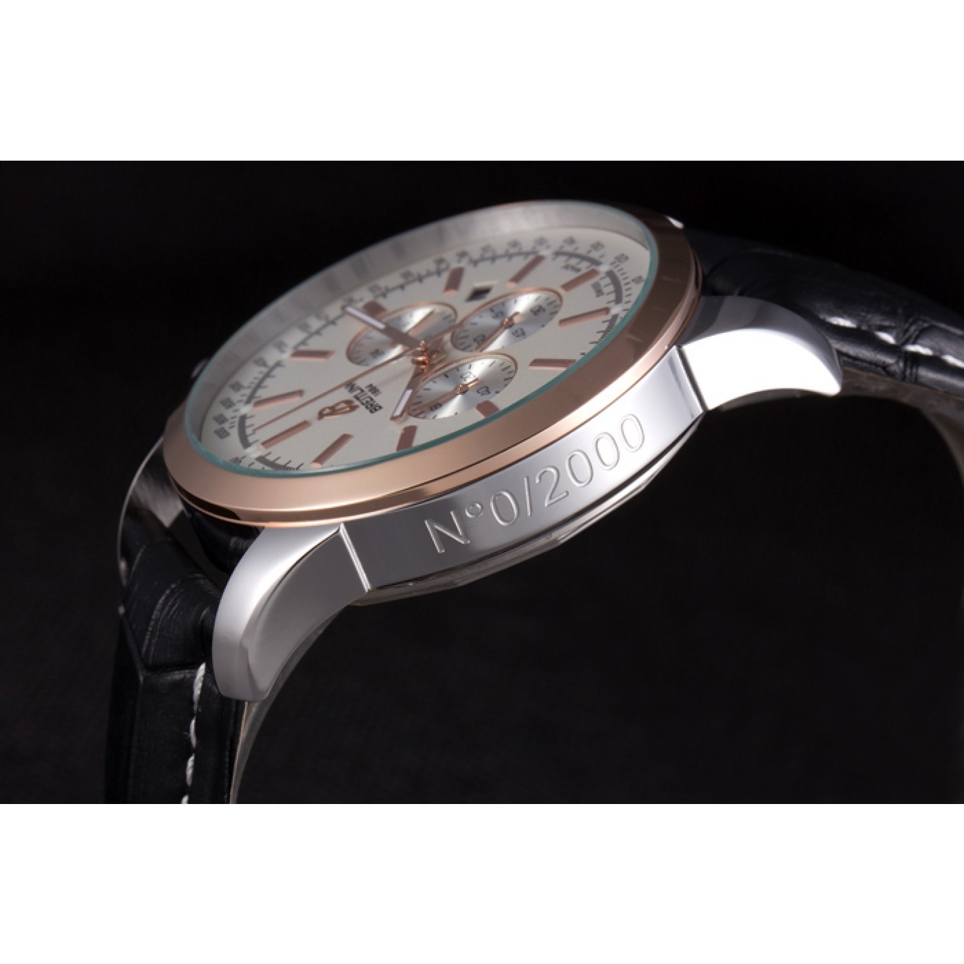 MiroTime Breitling Transocean White Dial Black Leather Strap Rose Gold Bezel 98205