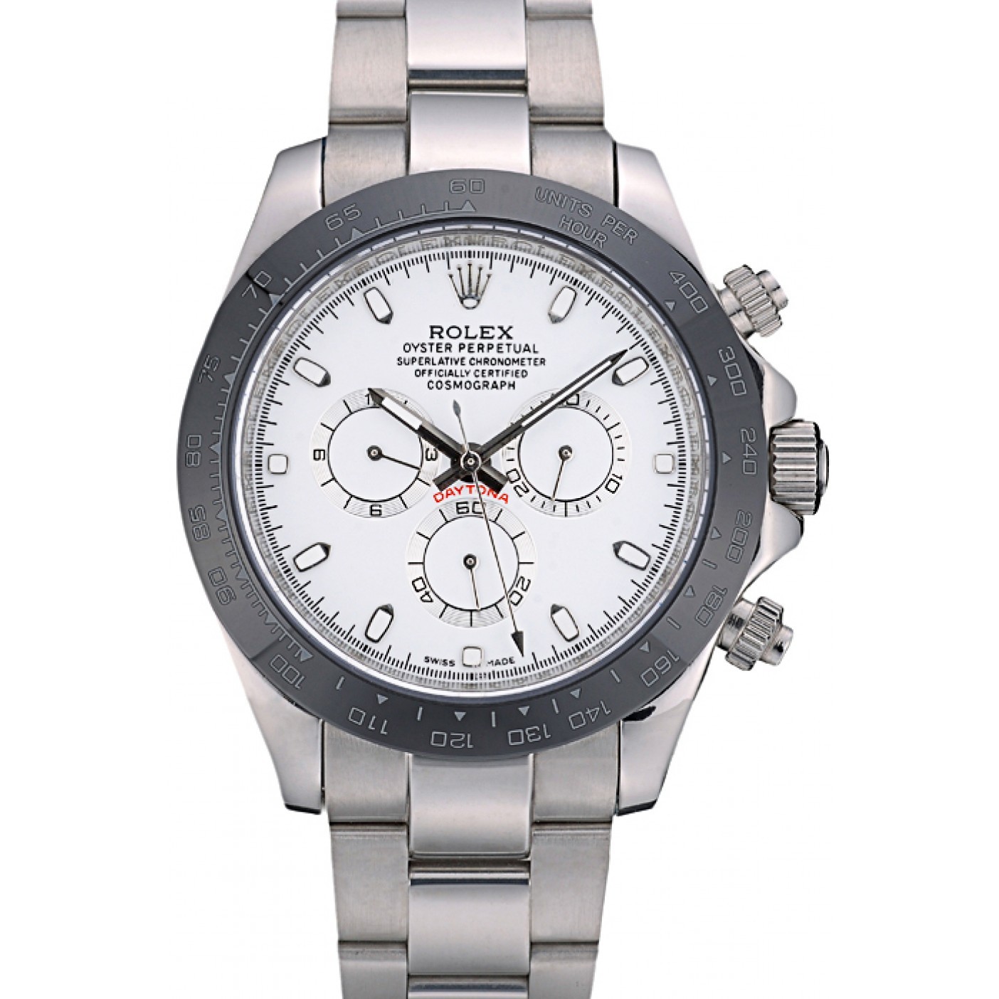 MiroTime Rolex Daytona Black Ceramic Tachymeter Stainless Steep Strap White Dial 80249