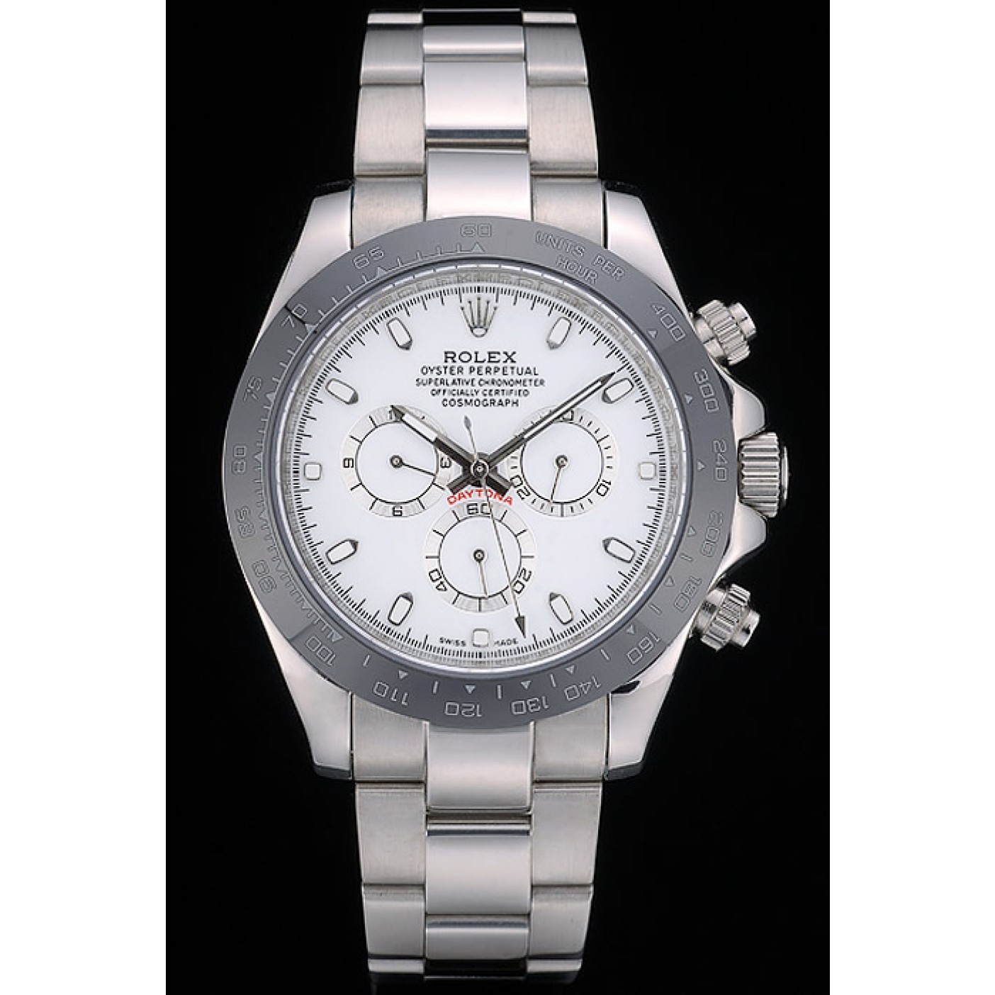 MiroTime Rolex Daytona Black Ceramic Tachymeter Stainless Steep Strap White Dial 80249