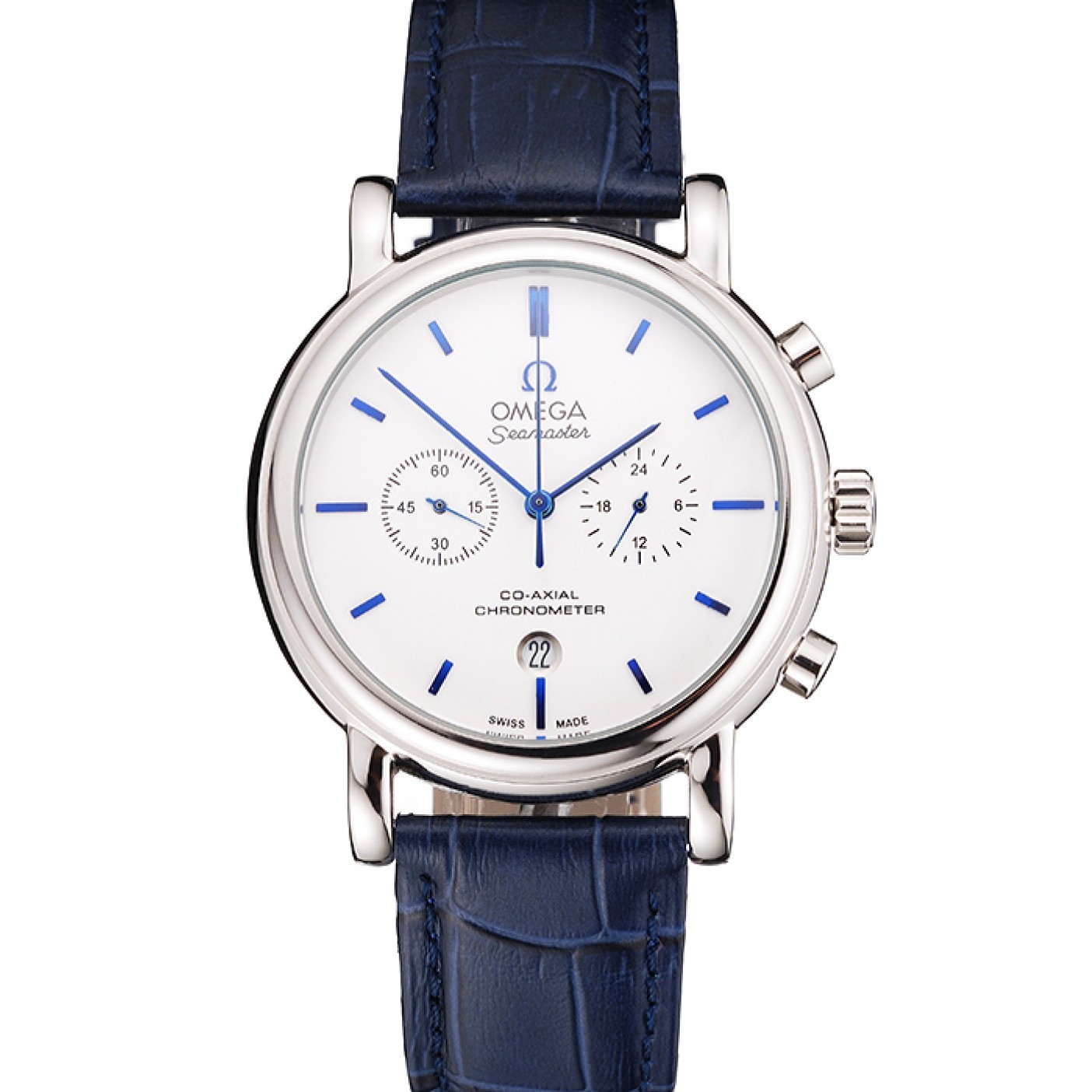 MiroTime Omega Seamaster Vintage Chronograph White Dial Blue Hour Marks Stainless Steel Case Blue Leather Strap