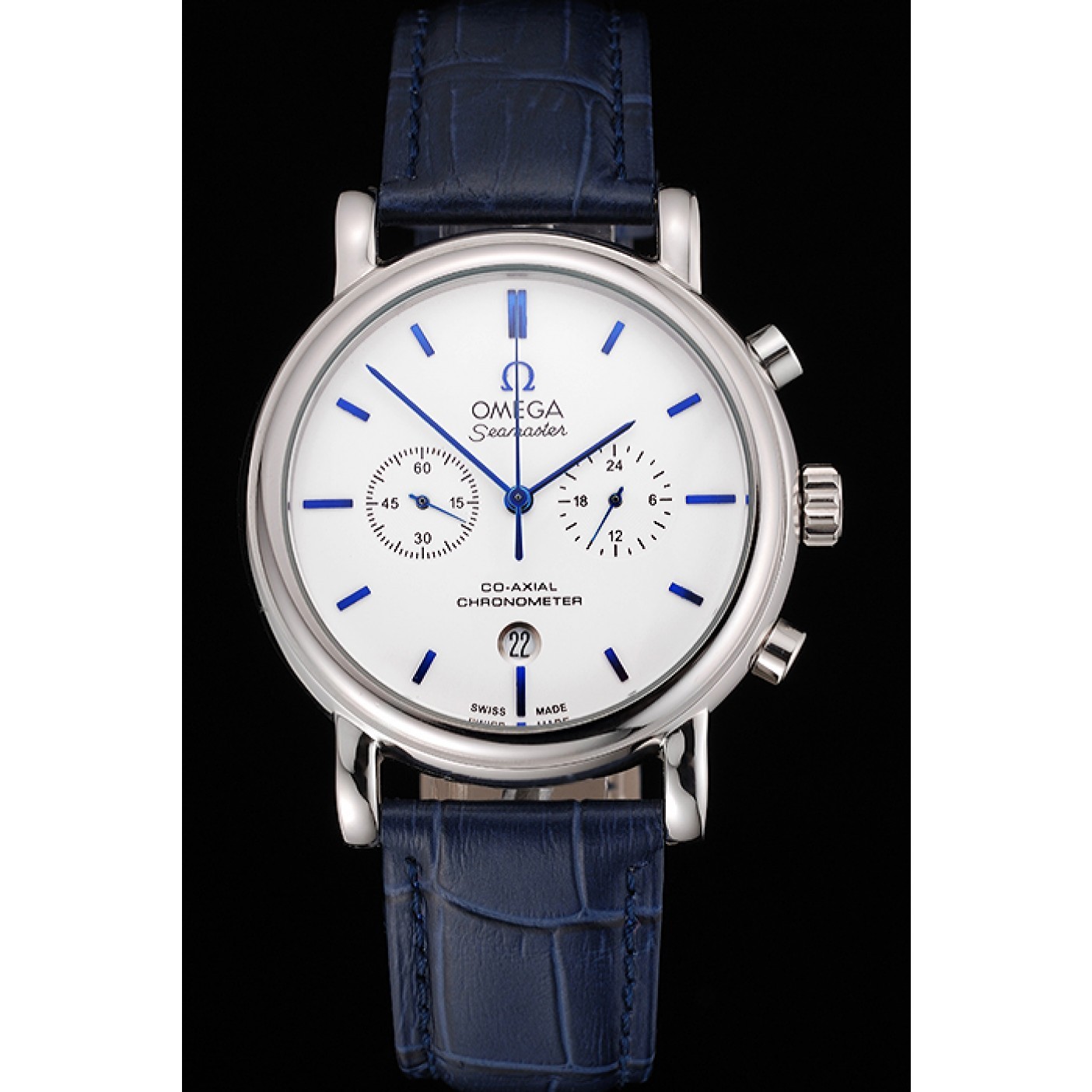 MiroTime Omega Seamaster Vintage Chronograph White Dial Blue Hour Marks Stainless Steel Case Blue Leather Strap