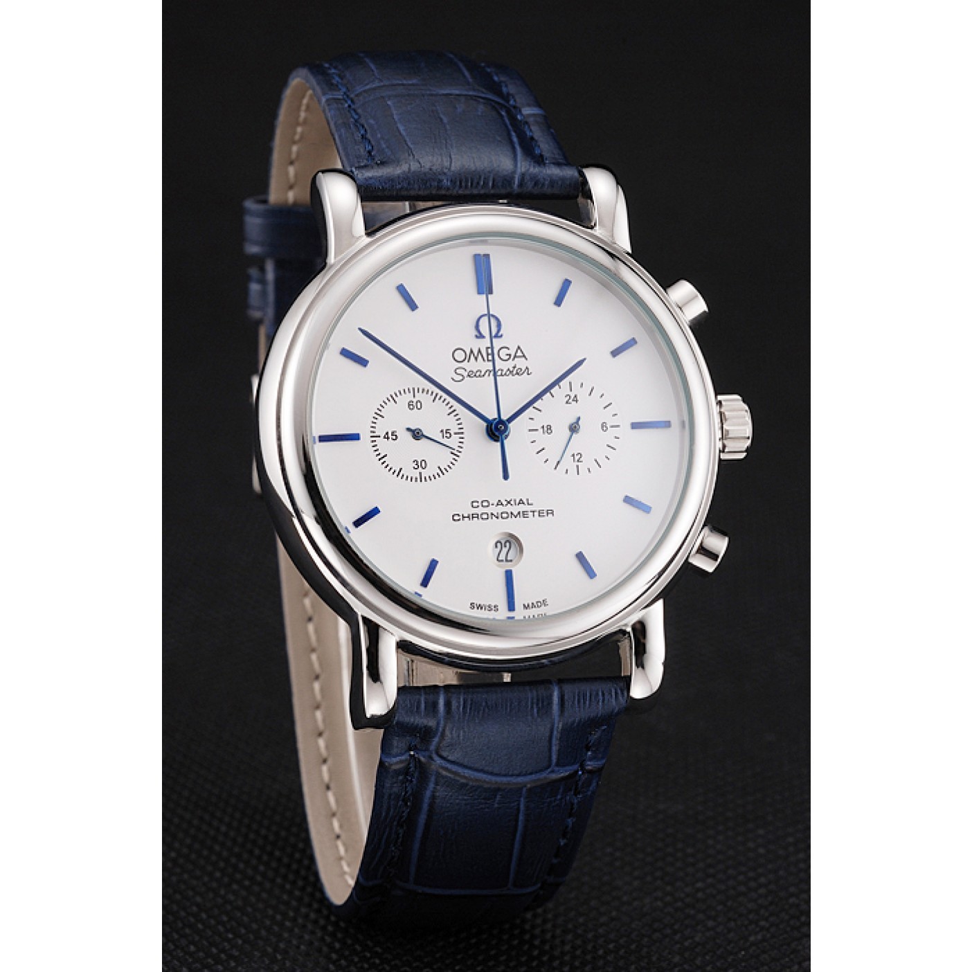 MiroTime Omega Seamaster Vintage Chronograph White Dial Blue Hour Marks Stainless Steel Case Blue Leather Strap