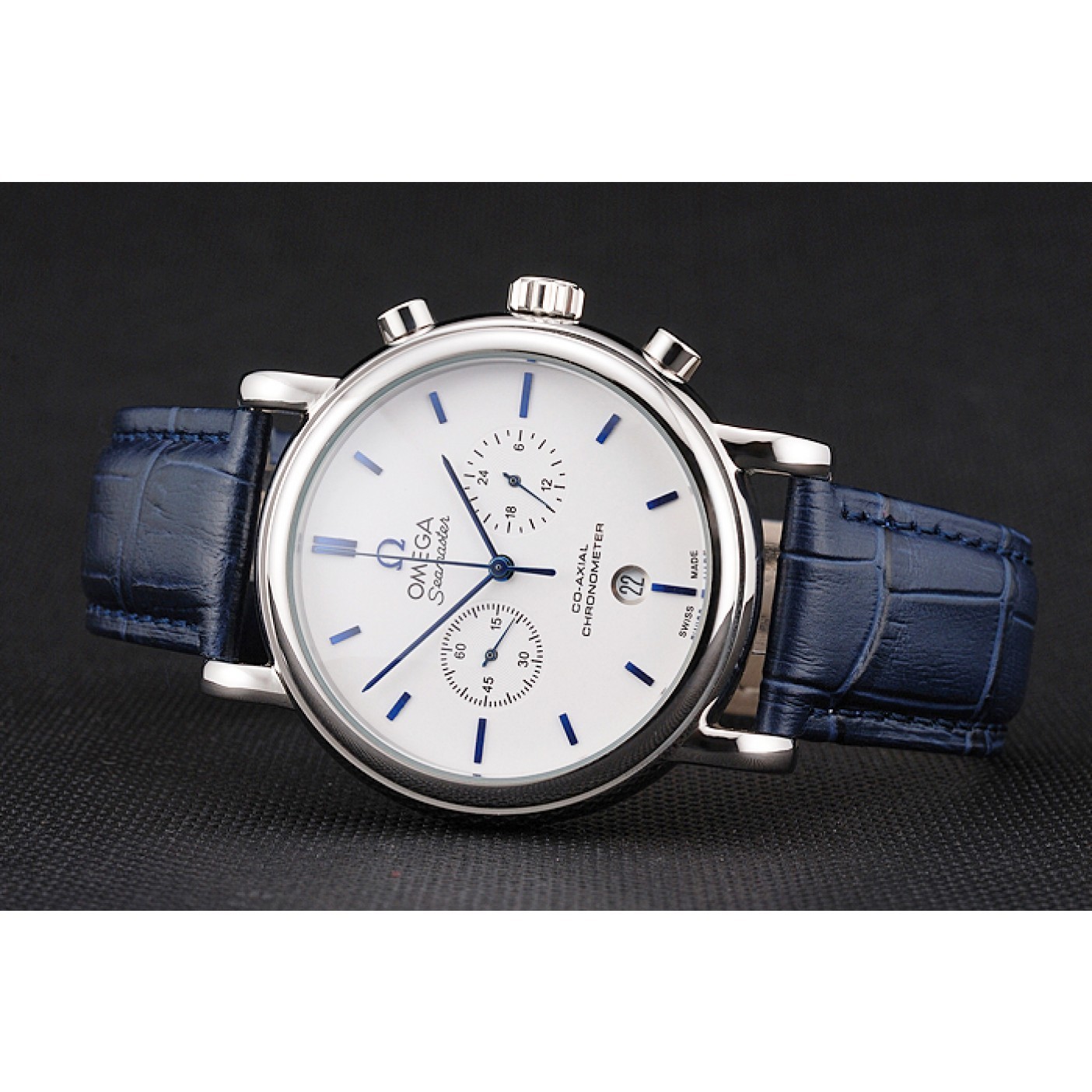 MiroTime Omega Seamaster Vintage Chronograph White Dial Blue Hour Marks Stainless Steel Case Blue Leather Strap