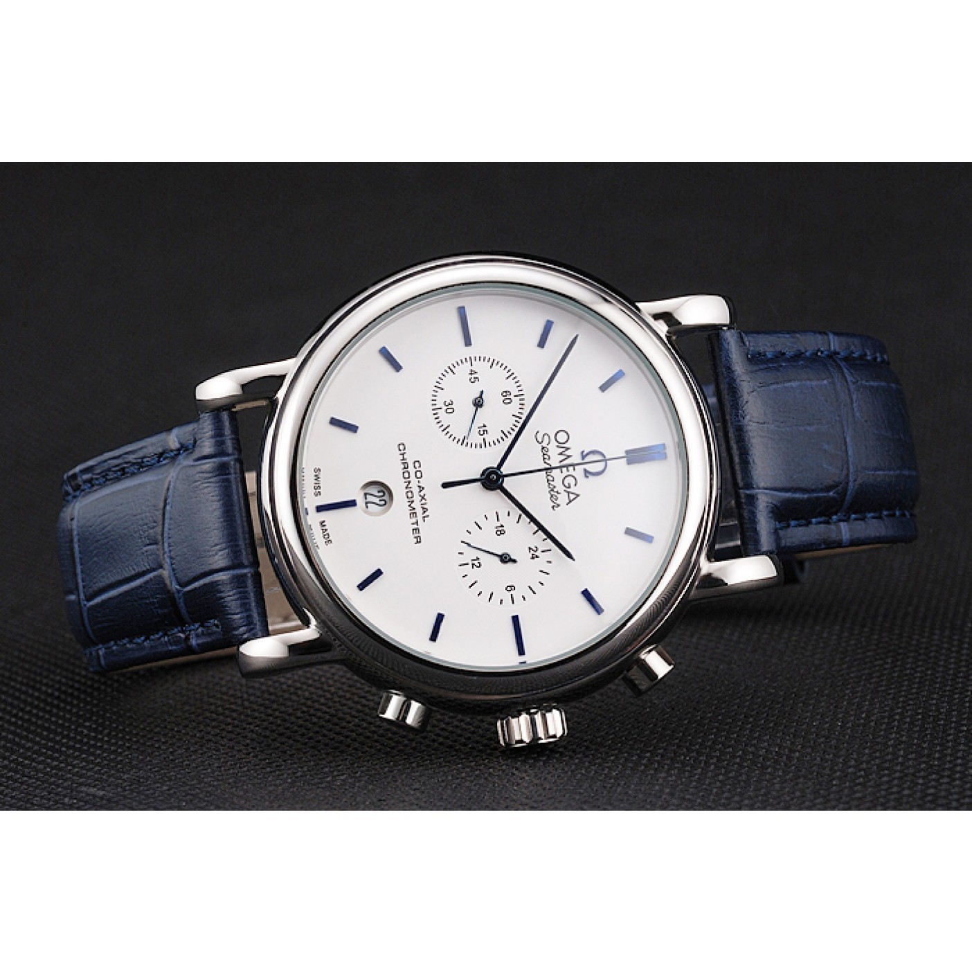 MiroTime Omega Seamaster Vintage Chronograph White Dial Blue Hour Marks Stainless Steel Case Blue Leather Strap