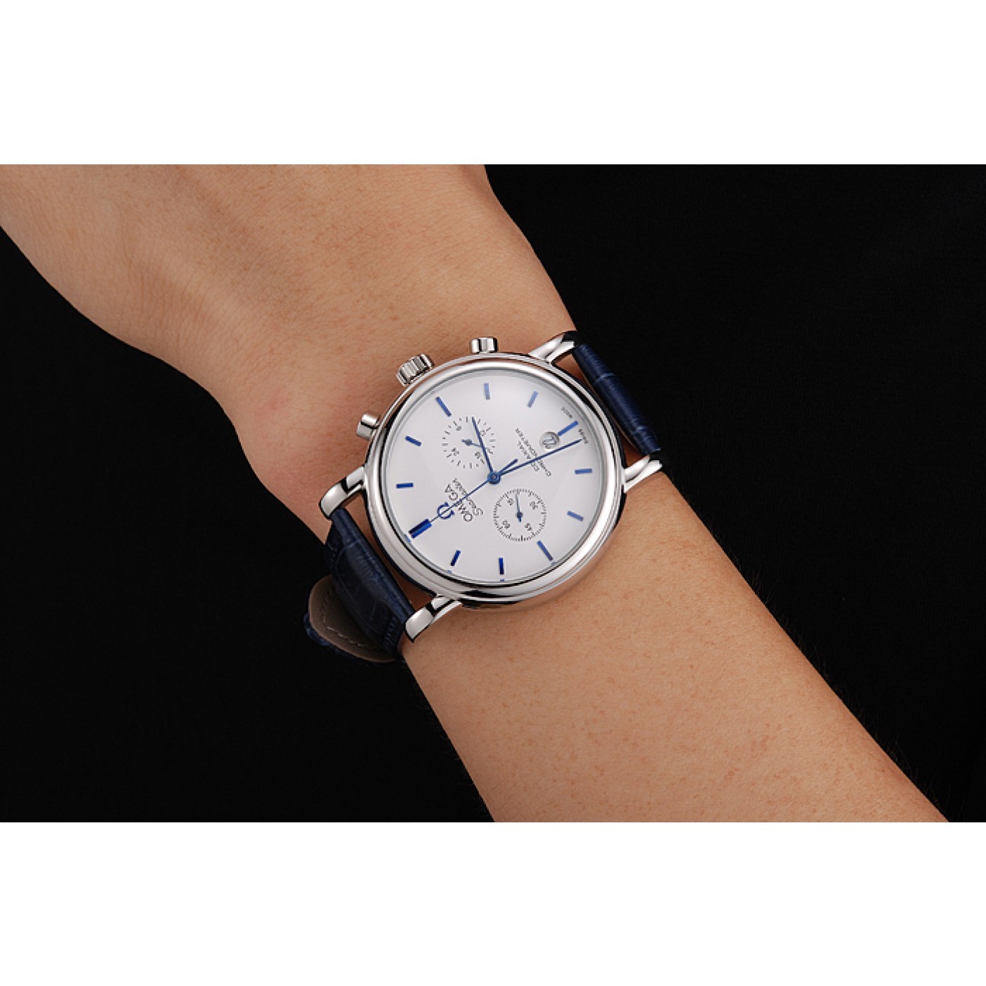 MiroTime Omega Seamaster Vintage Chronograph White Dial Blue Hour Marks Stainless Steel Case Blue Leather Strap