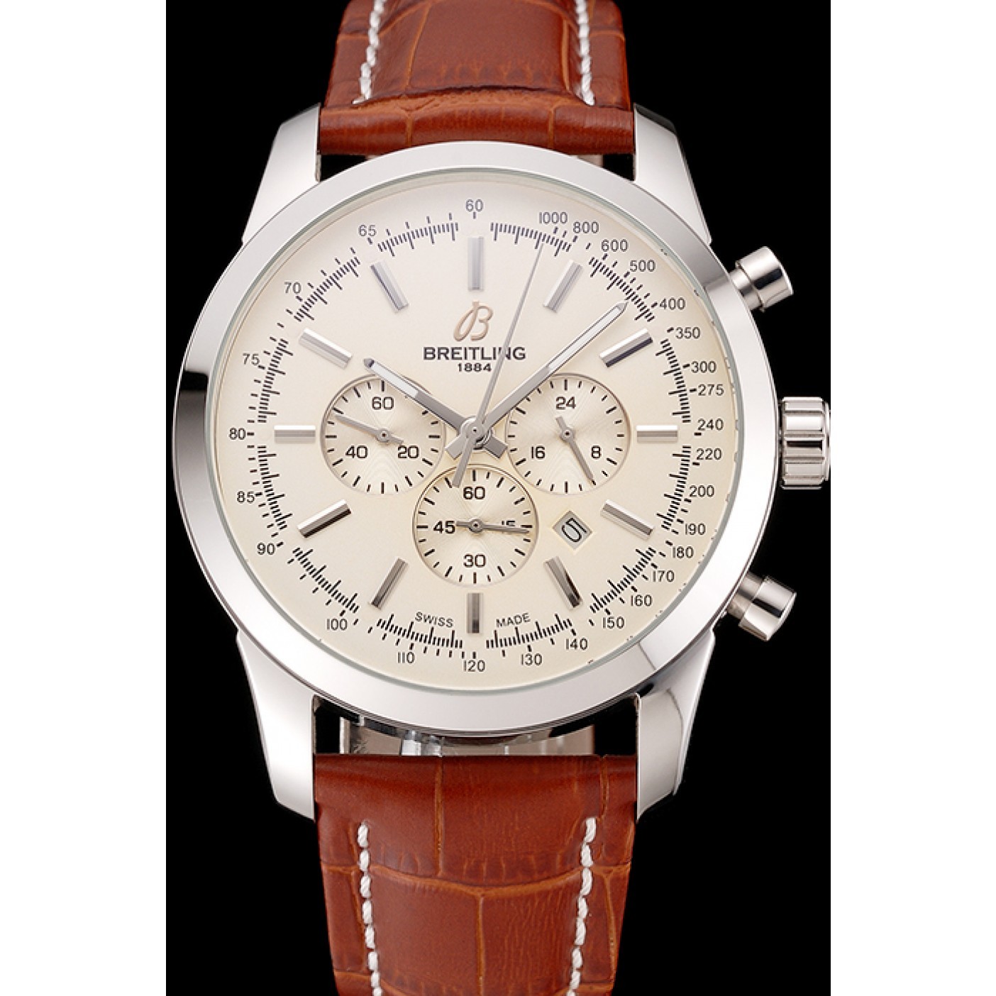 MiroTime Breitling Transocean Beige Dial Brown Leather Strap Polished Stainless Steel Bezel