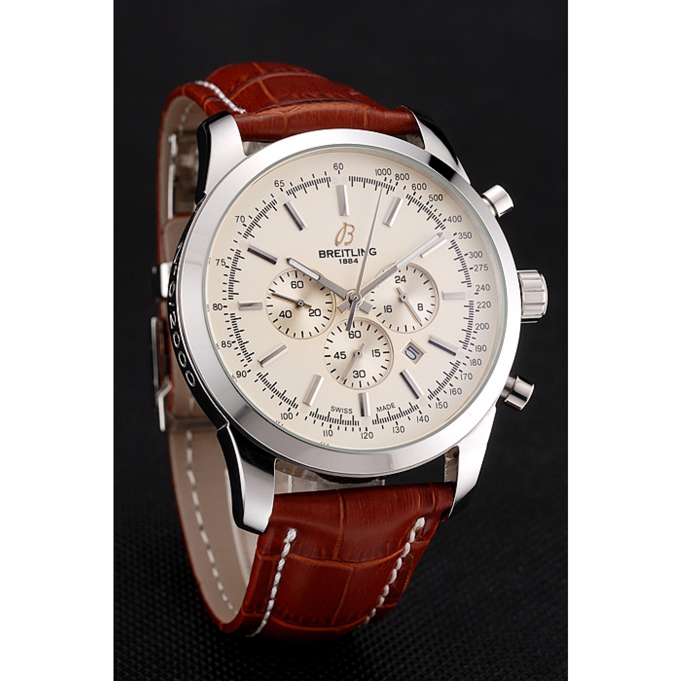 MiroTime Breitling Transocean Beige Dial Brown Leather Strap Polished Stainless Steel Bezel