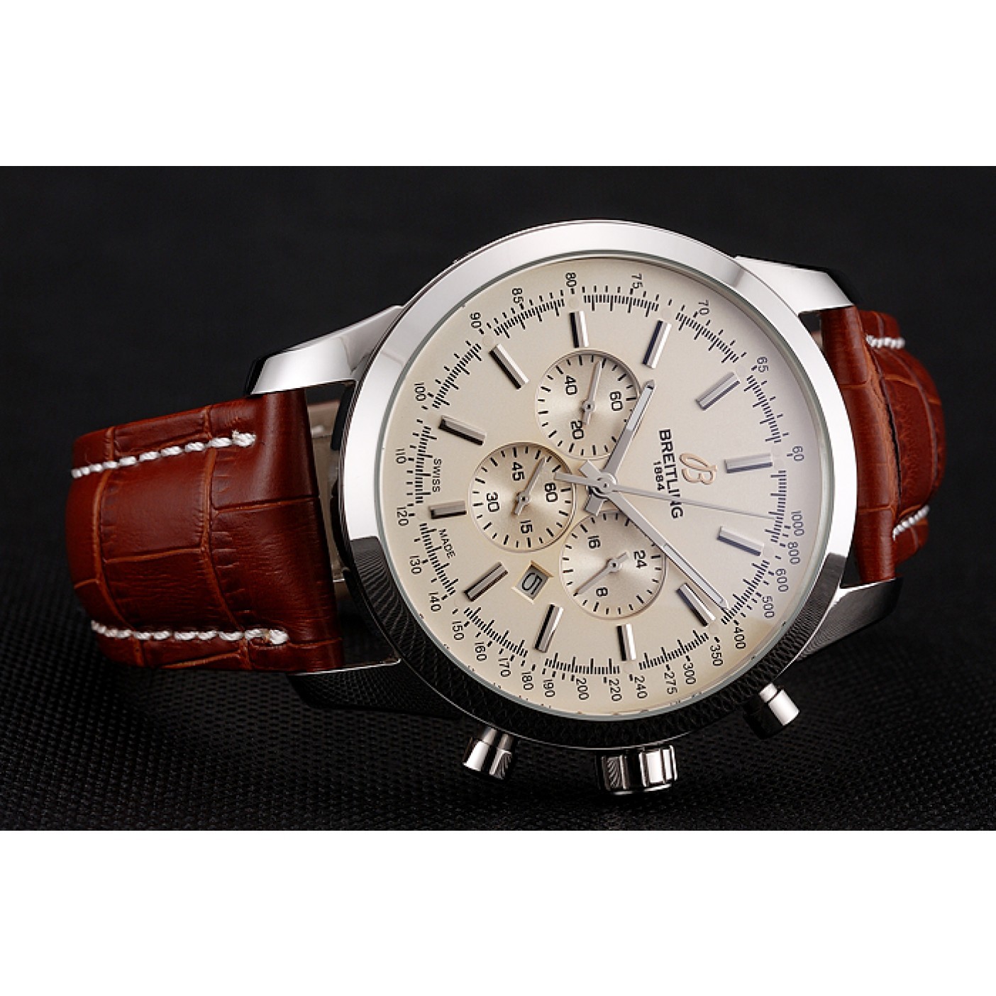 MiroTime Breitling Transocean Beige Dial Brown Leather Strap Polished Stainless Steel Bezel