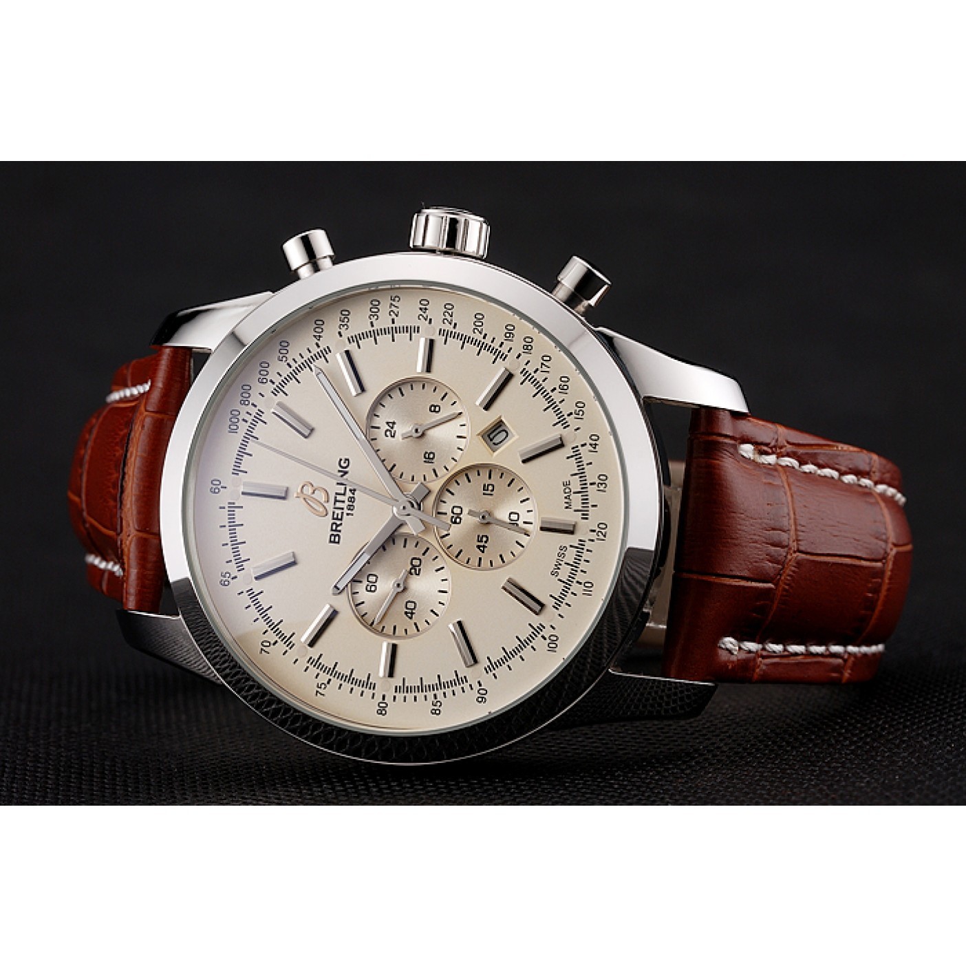 MiroTime Breitling Transocean Beige Dial Brown Leather Strap Polished Stainless Steel Bezel