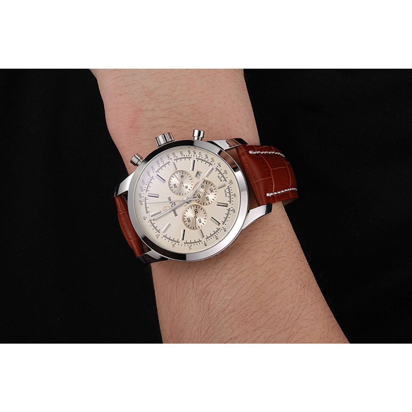 MiroTime Breitling Transocean Beige Dial Brown Leather Strap Polished Stainless Steel Bezel